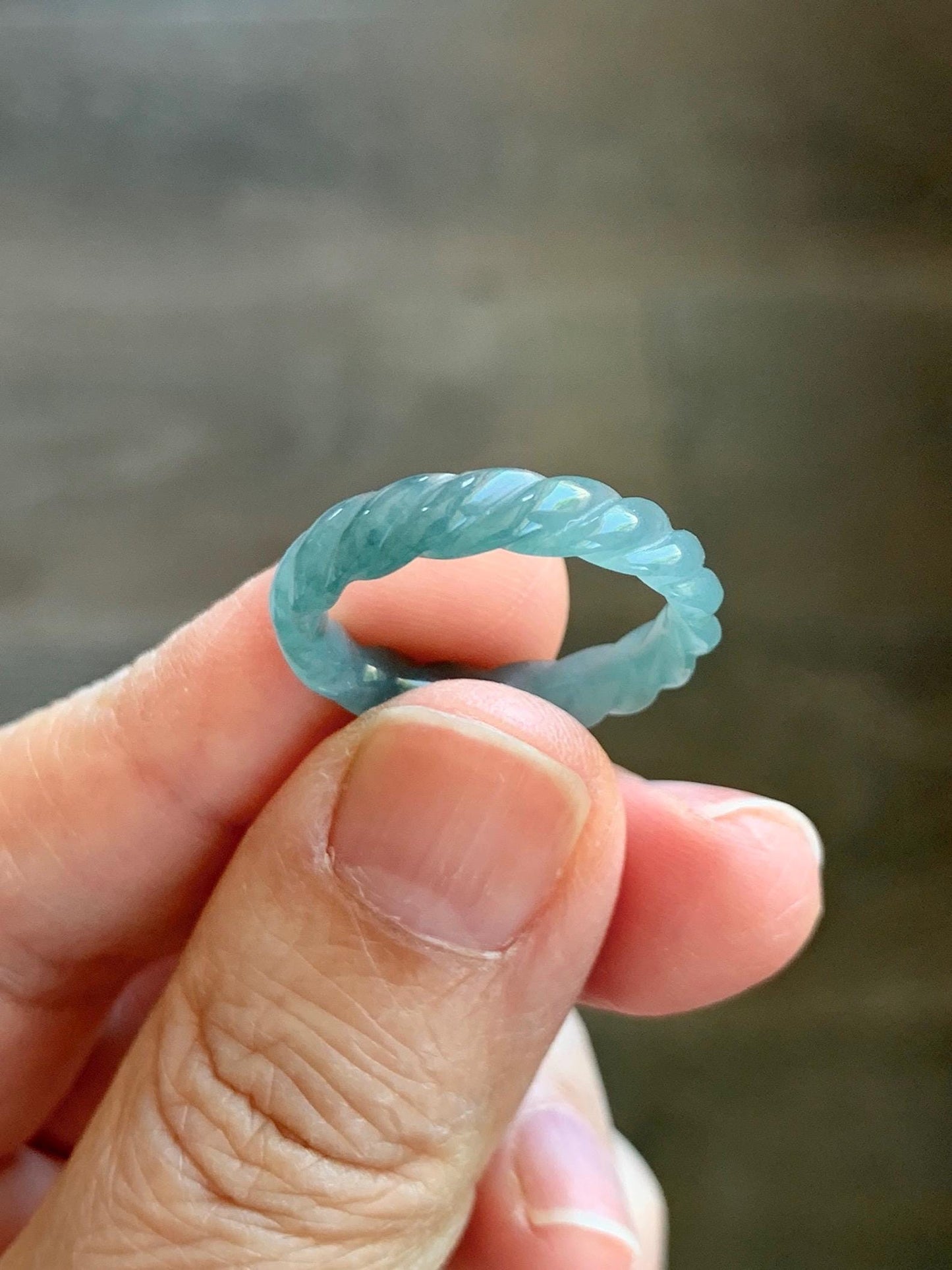 Natural Grade A Guatemalan Icy Translucent Gelatinous Dusty Teal Blue Jade Jadeite Carved Braid Band Ring Size 6.5 US 天然冰胶危蓝水翡翠麻花戒圈 WMH350A