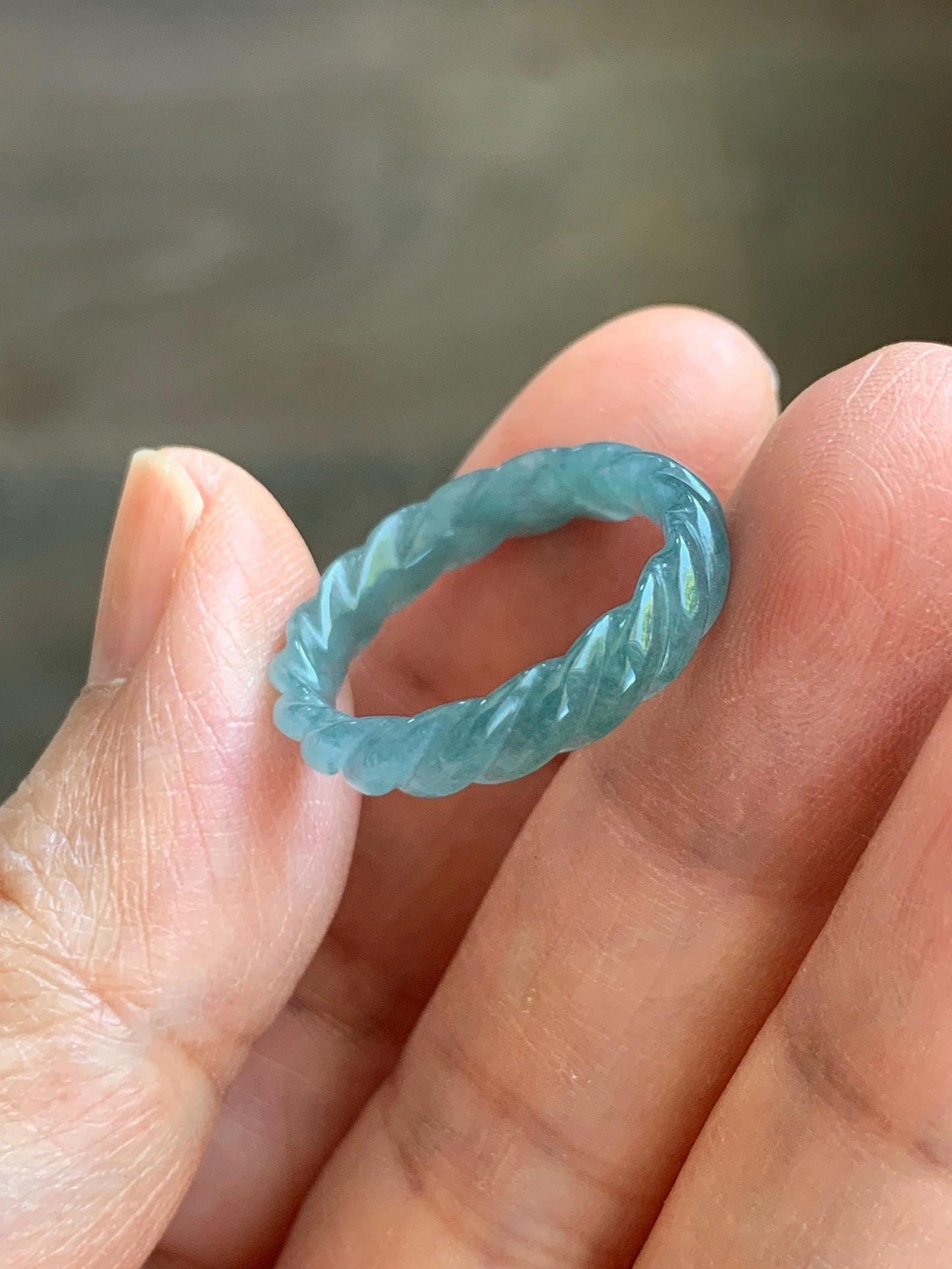 Natural Grade A Guatemalan Icy Translucent Gelatinous Dusty Teal Blue Jade Jadeite Carved Braid Band Ring Size 6.5 US 天然冰胶危蓝水翡翠麻花戒圈 WMH350A