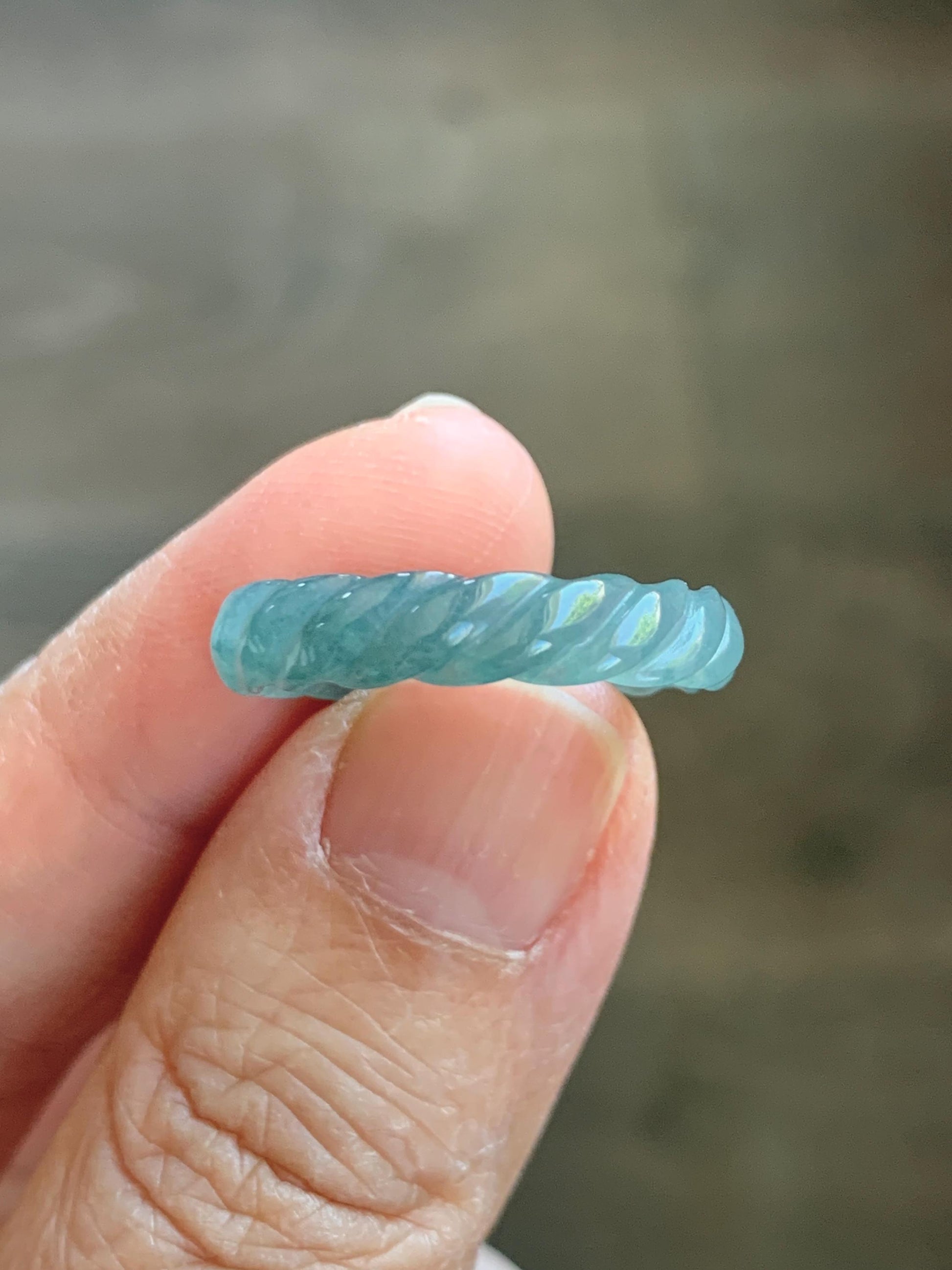 Natural Grade A Guatemalan Icy Translucent Gelatinous Dusty Teal Blue Jade Jadeite Carved Braid Band Ring Size 6.5 US 天然冰胶危蓝水翡翠麻花戒圈 WMH350A