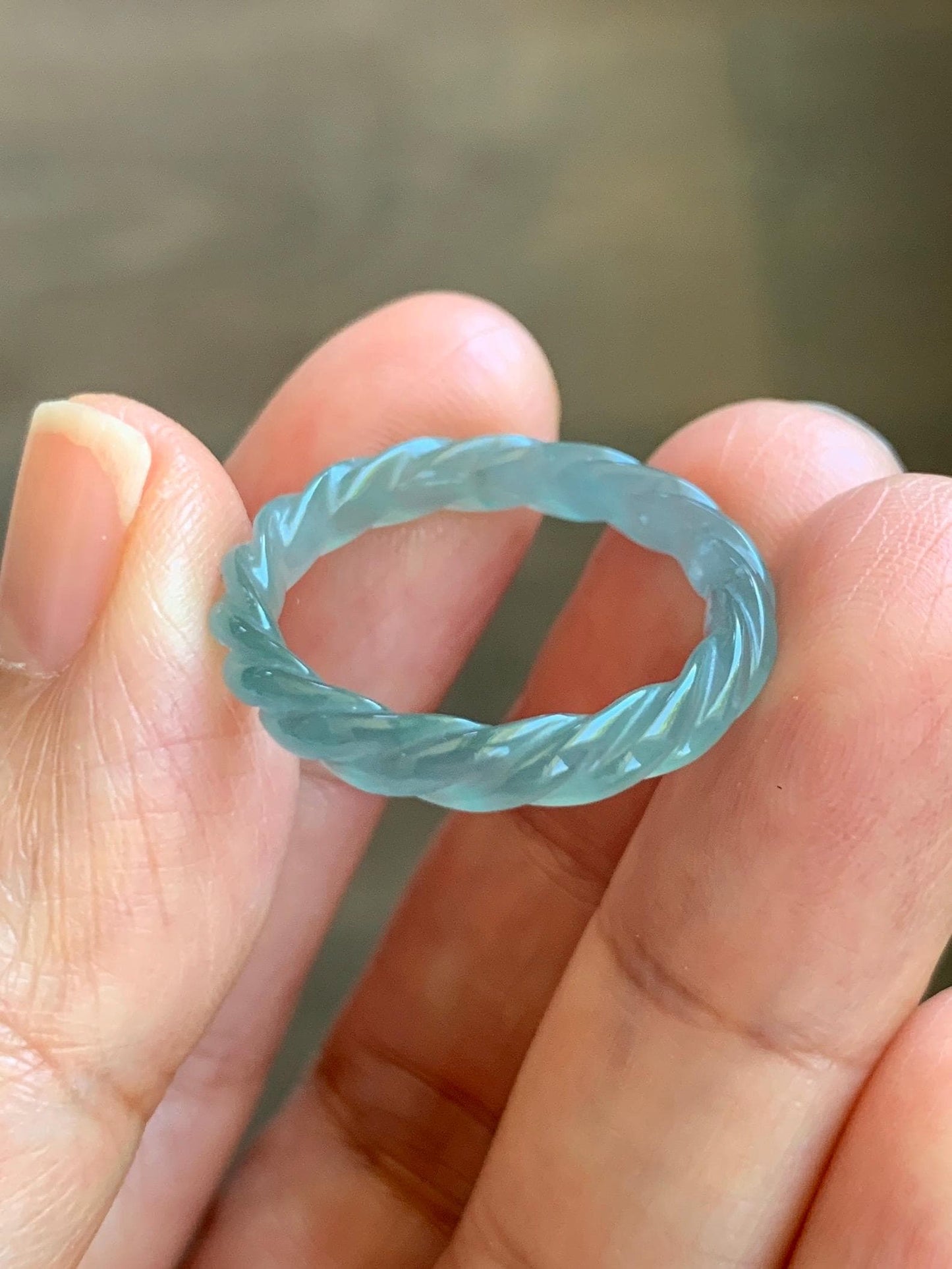 Natural Grade A Guatemalan Icy Highly Translucent Light Dusty Teal Jade Jadeite Carved Braid Band Ring Size 7.75 US 天然冰胶危浅蓝翡翠麻花戒圈 WMH350G