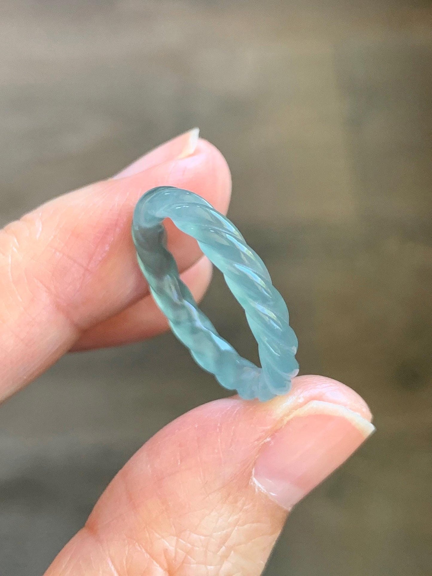 Natural Grade A Guatemalan Icy Highly Translucent Light Dusty Teal Jade Jadeite Carved Braid Band Ring Size 7.75 US 天然冰胶危浅蓝翡翠麻花戒圈 WMH350G