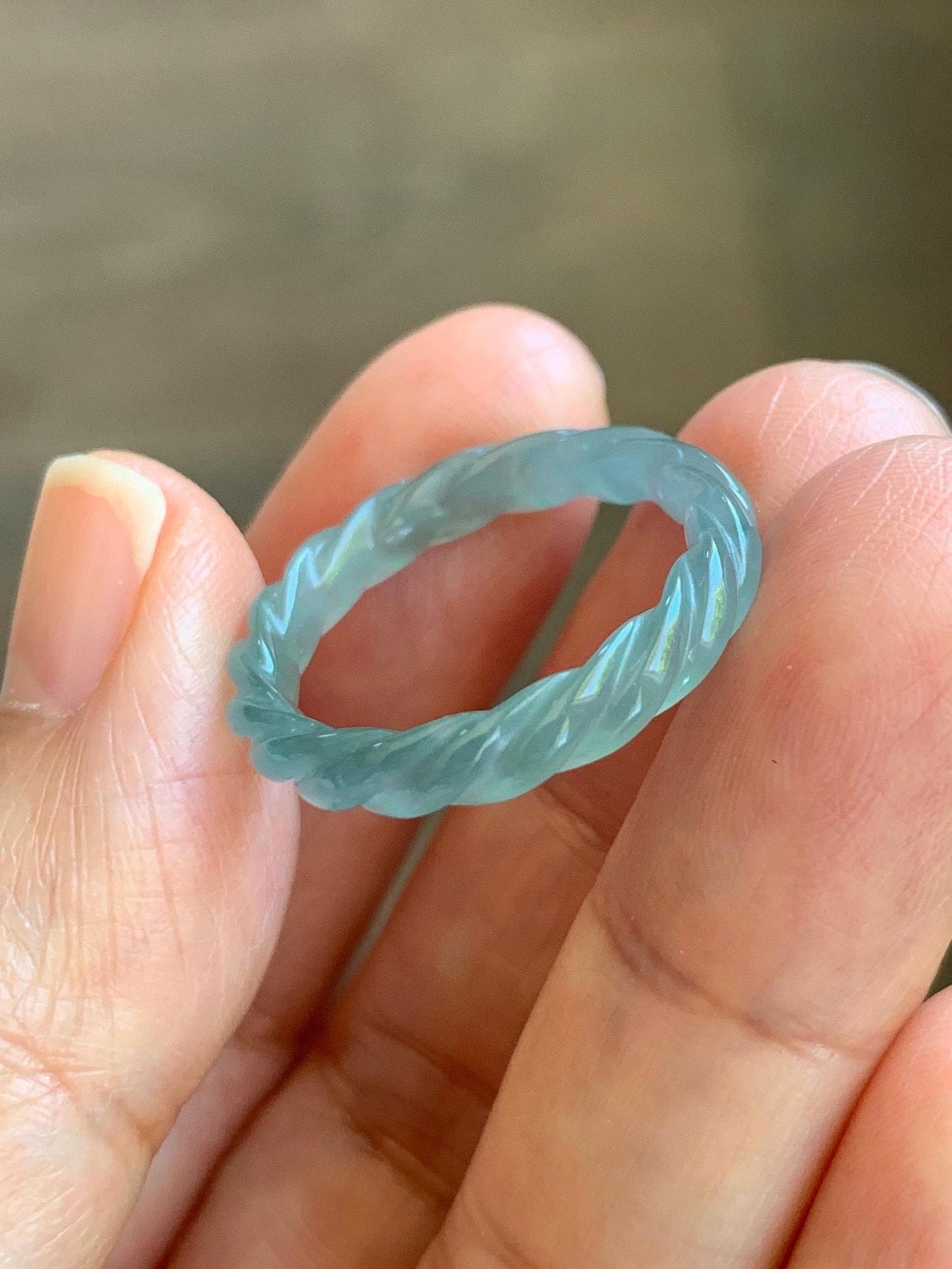 Natural Grade A Guatemalan Icy Highly Translucent Light Dusty Teal Jade Jadeite Carved Braid Band Ring Size 7.75 US 天然冰胶危浅蓝翡翠麻花戒圈 WMH350G