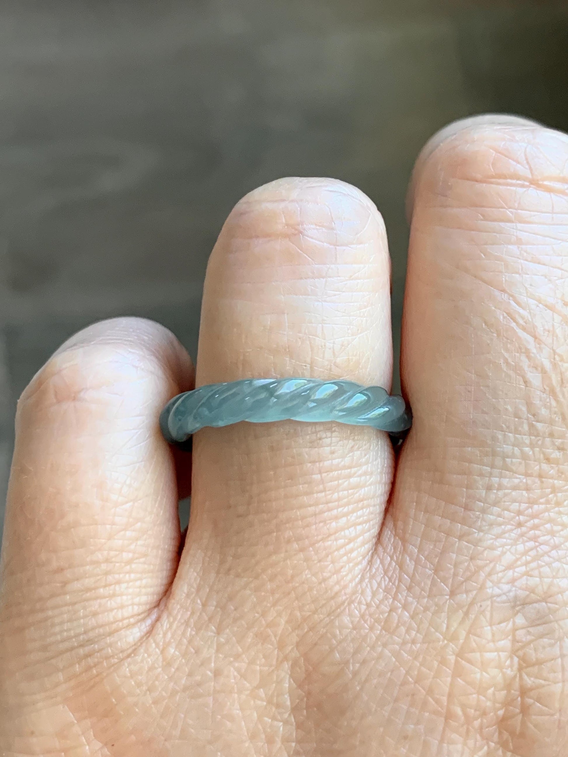 Natural Grade A Guatemalan Icy Highly Translucent Light Dusty Teal Jade Jadeite Carved Braid Band Ring Size 7.75 US 天然冰胶危浅蓝翡翠麻花戒圈 WMH350G