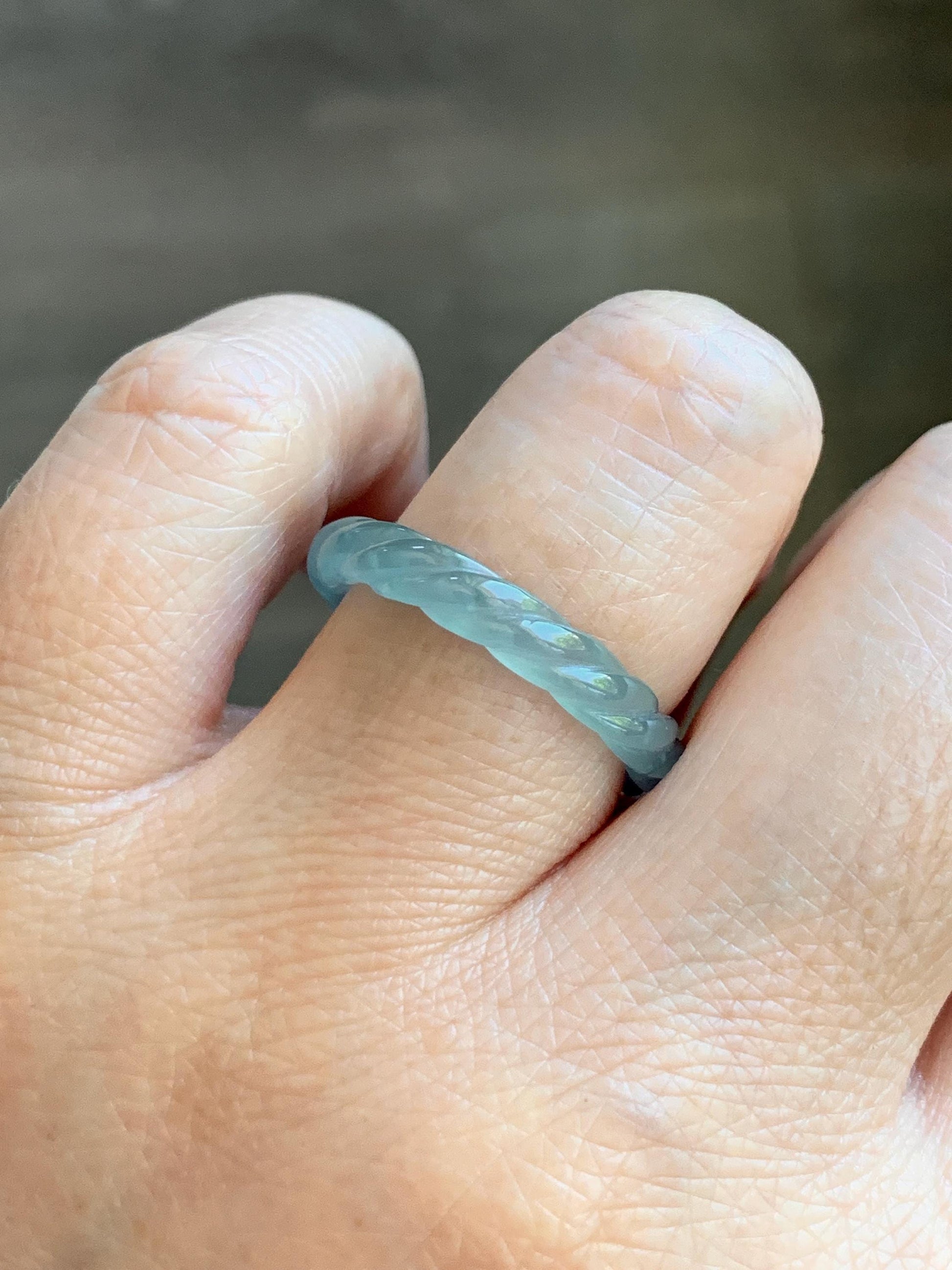 Natural Grade A Guatemalan Icy Highly Translucent Light Dusty Teal Jade Jadeite Carved Braid Band Ring Size 7.75 US 天然冰胶危浅蓝翡翠麻花戒圈 WMH350G