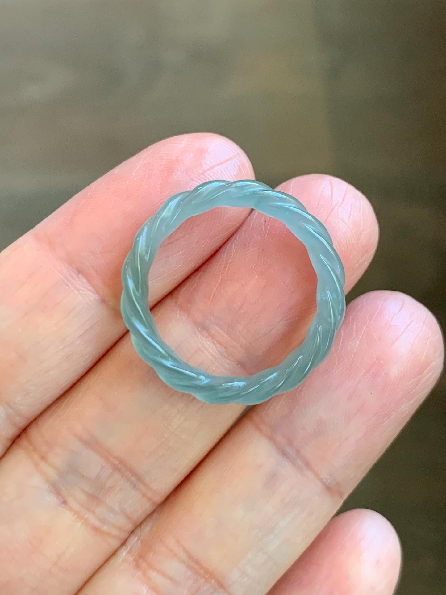 Natural Grade A Guatemalan Icy Highly Translucent Light Dusty Teal Jade Jadeite Carved Braid Band Ring Size 7.75 US 天然冰胶危浅蓝翡翠麻花戒圈 WMH350G
