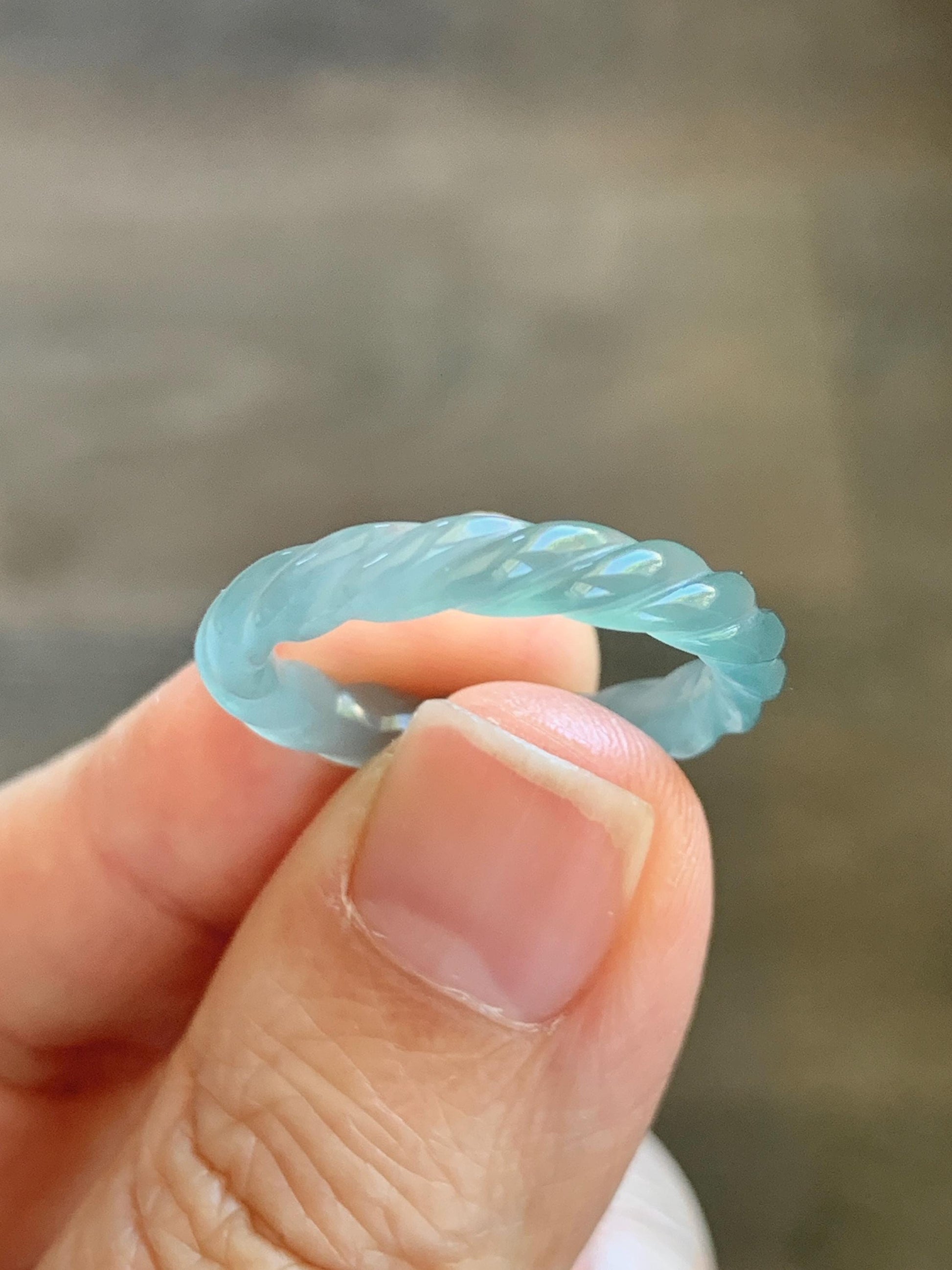 Natural Grade A Guatemalan Icy Highly Translucent Light Dusty Teal Jade Jadeite Carved Braid Band Ring Size 7.75 US 天然冰胶危浅蓝翡翠麻花戒圈 WMH350G