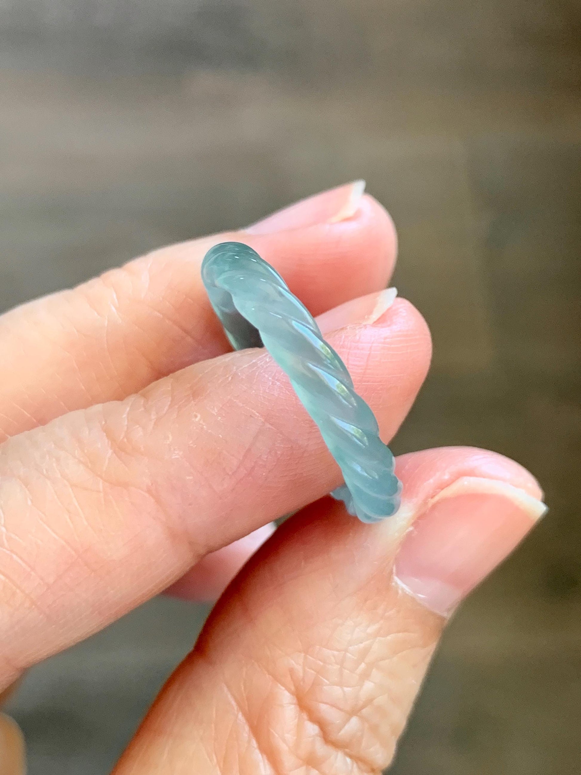 Natural Grade A Guatemalan Icy Highly Translucent Light Dusty Teal Jade Jadeite Carved Braid Band Ring Size 7.75 US 天然冰胶危浅蓝翡翠麻花戒圈 WMH350G