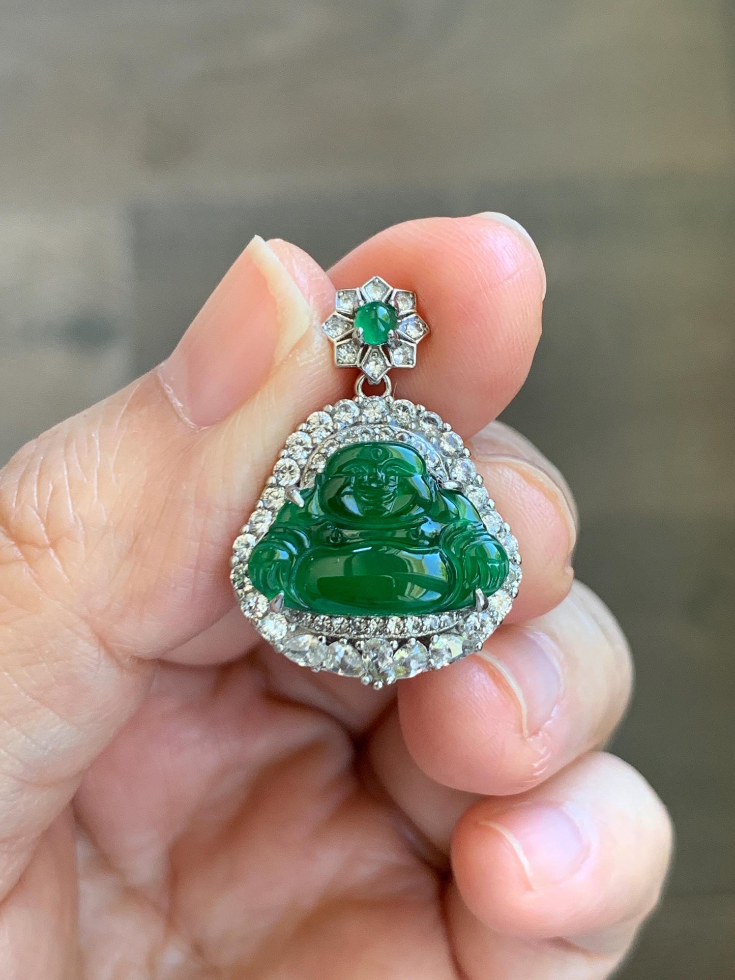 Certified Natural Grade A Guatemalan Icy Translucent Vibrant Green Jade Jadeite Buddha Pendant Sterling Silver 5.11g 天然冰危绿翡翠佛公吊坠 442