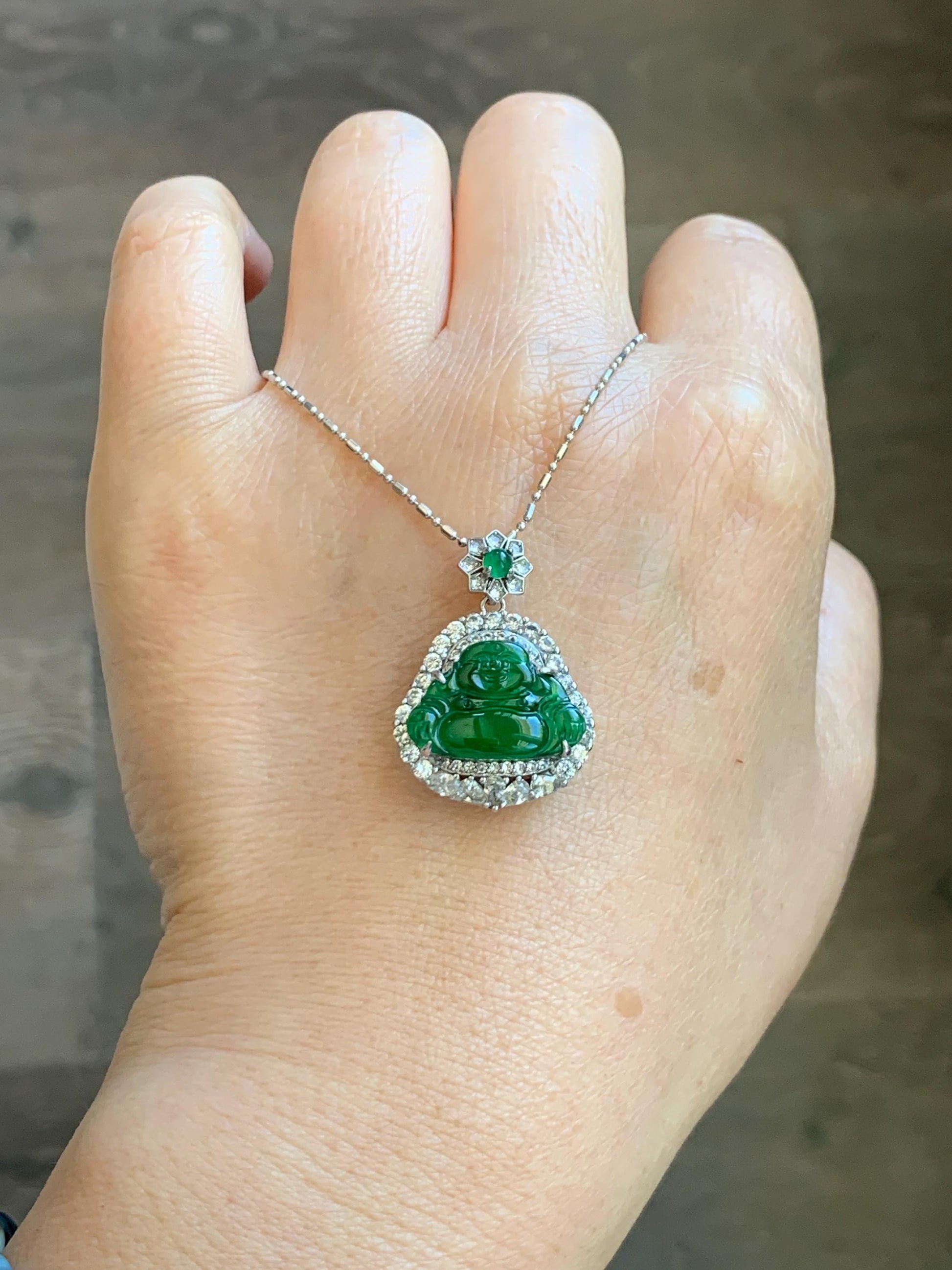 Certified Natural Grade A Guatemalan Icy Translucent Vibrant Green Jade Jadeite Buddha Pendant Sterling Silver 5.11g 天然冰危绿翡翠佛公吊坠 442