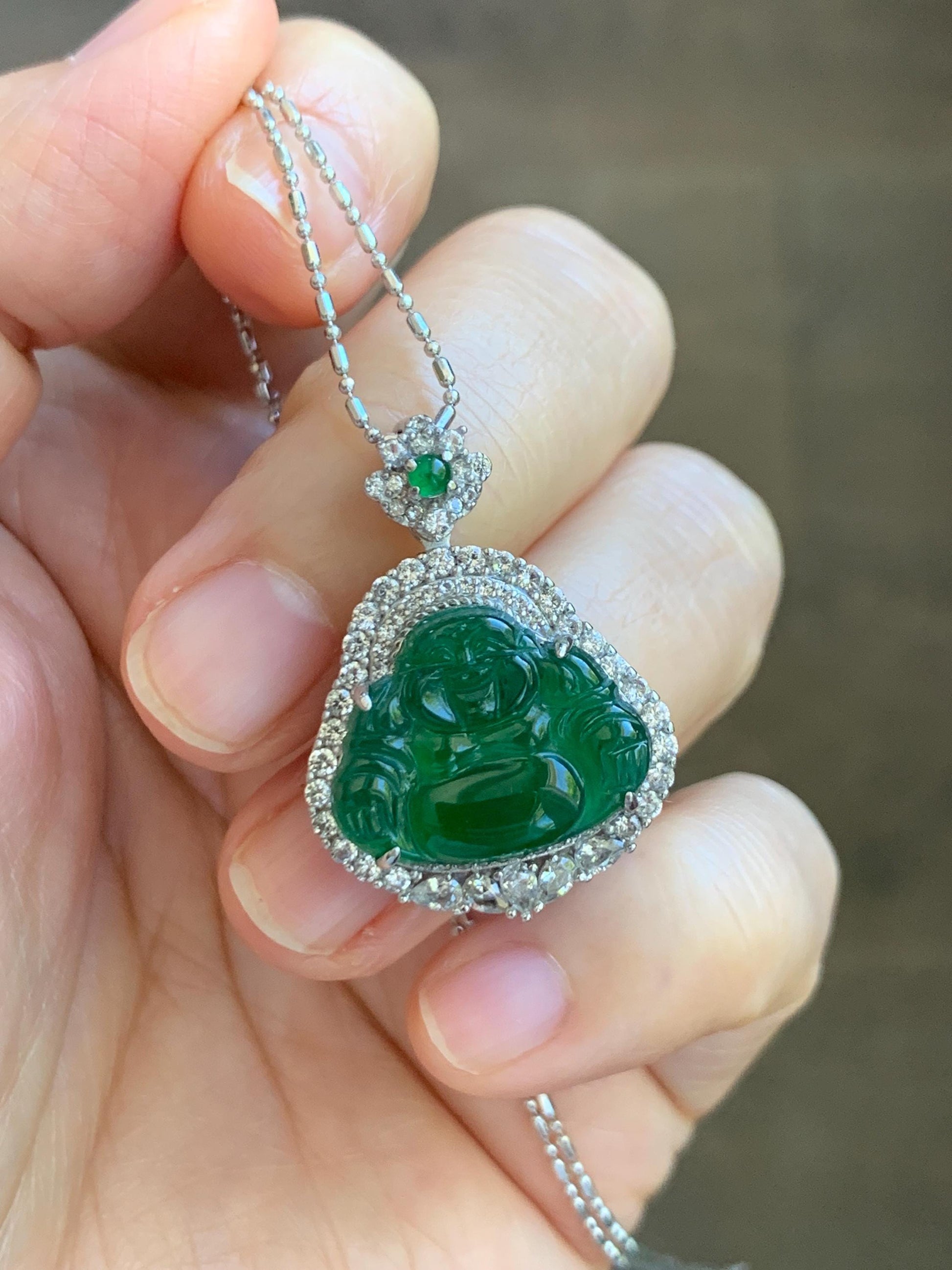 Certified Natural Grade A Guatemalan Icy Translucent Vibrant Green Jade Jadeite Buddha Pendant Sterling Silver 5.68 天然冰危绿翡翠佛公吊坠 441