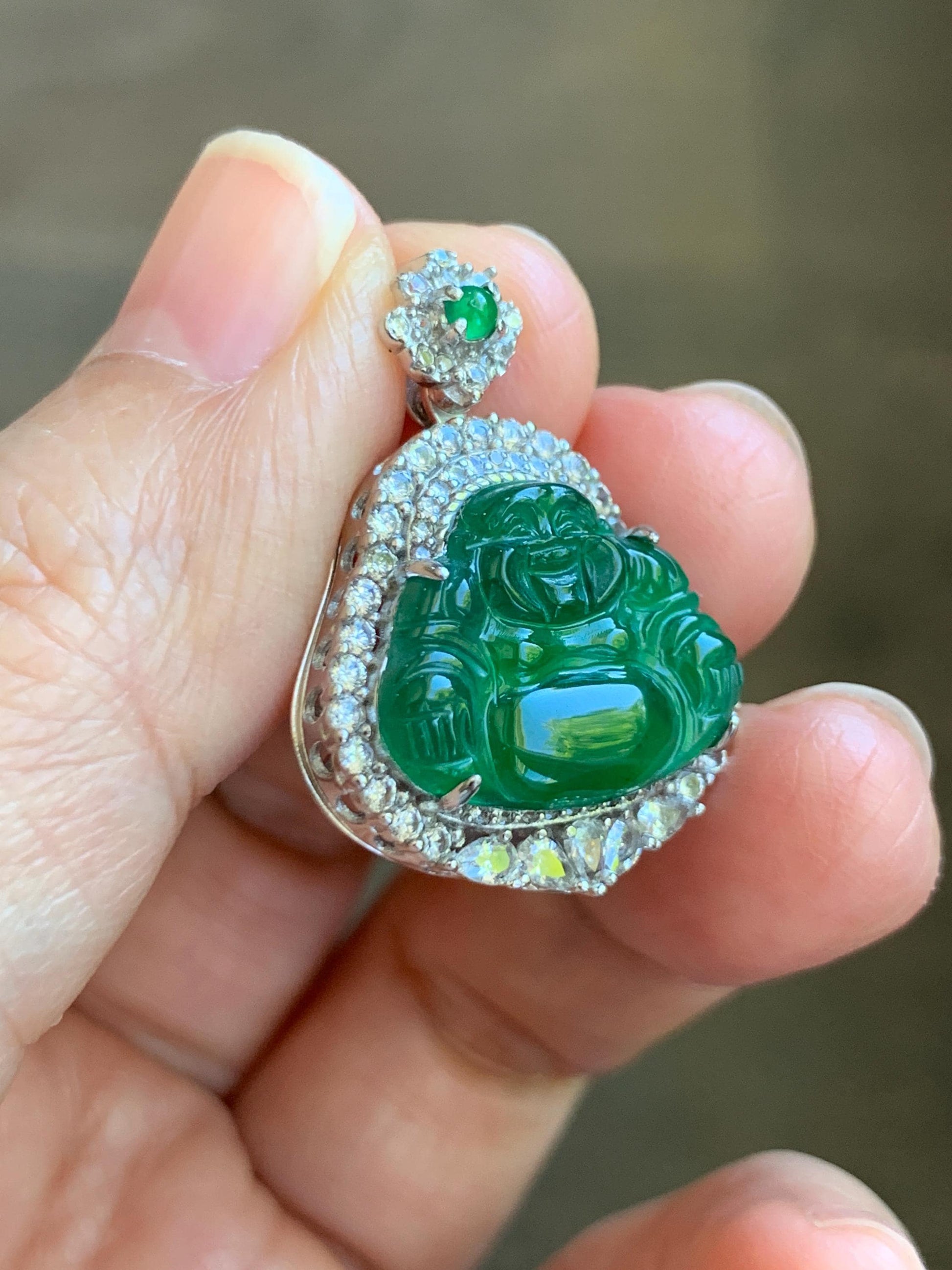 Certified Natural Grade A Guatemalan Icy Translucent Vibrant Green Jade Jadeite Buddha Pendant Sterling Silver 5.68 天然冰危绿翡翠佛公吊坠 441