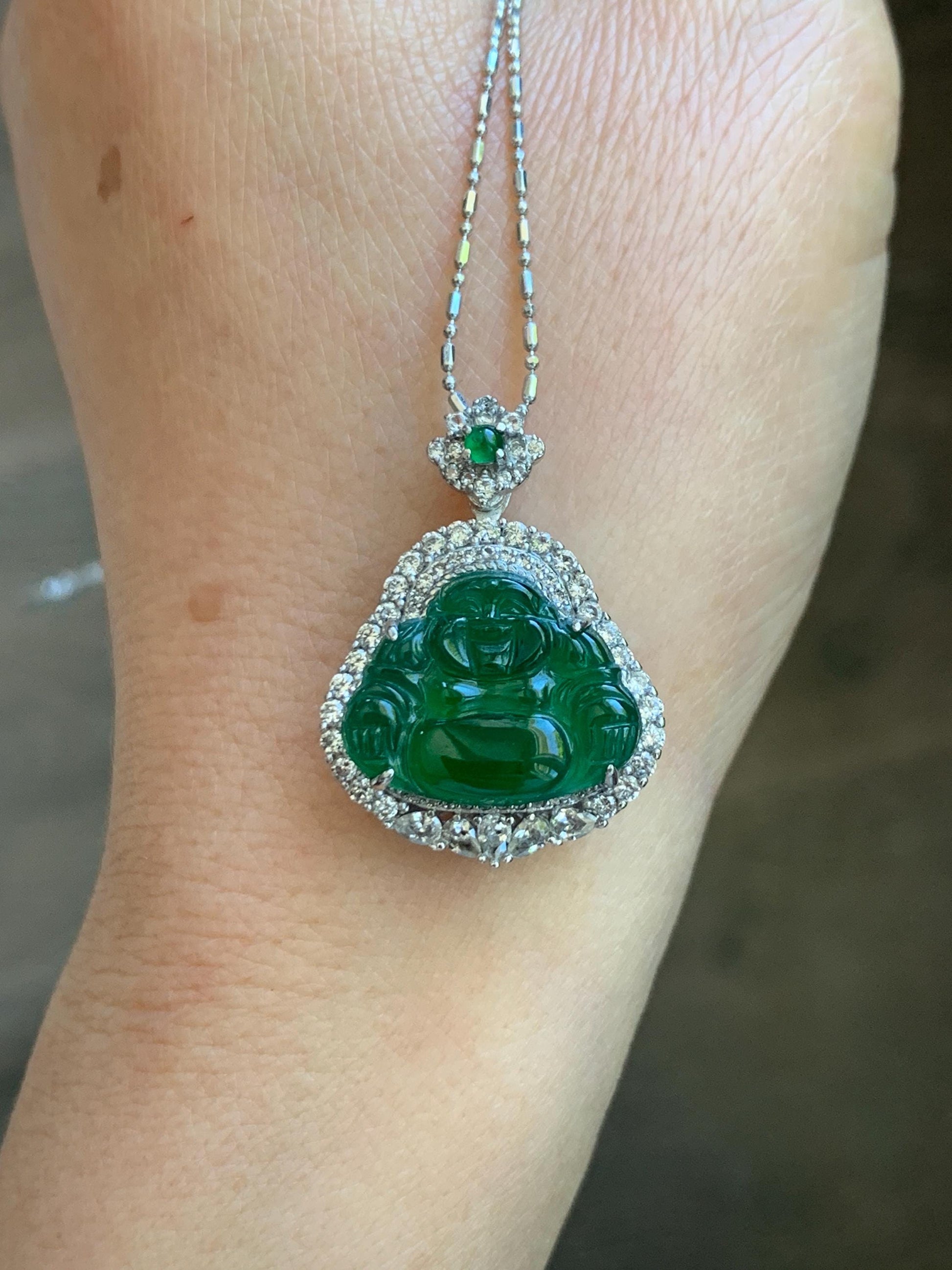 Certified Natural Grade A Guatemalan Icy Translucent Vibrant Green Jade Jadeite Buddha Pendant Sterling Silver 5.68 天然冰危绿翡翠佛公吊坠 441