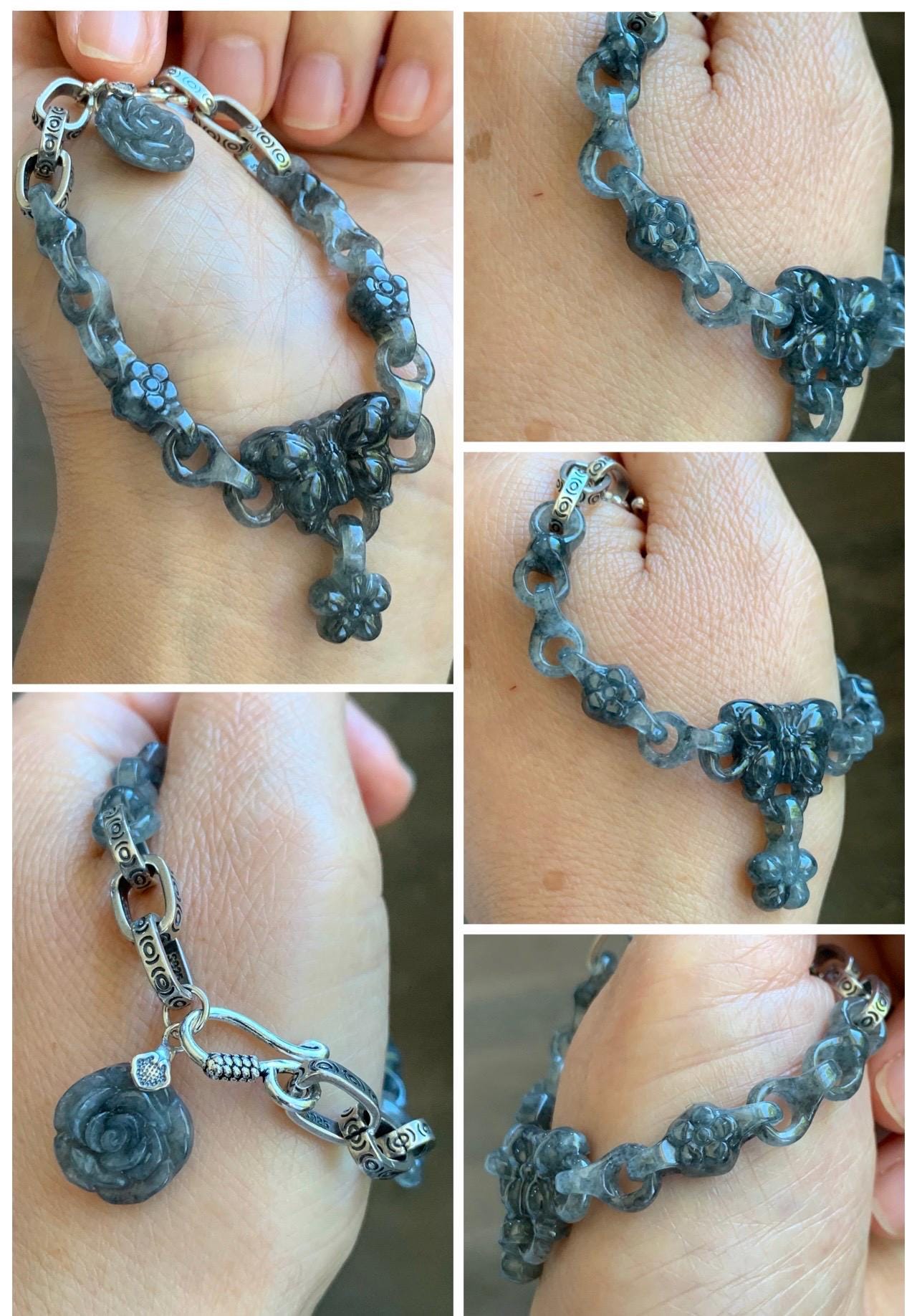 Certified Natural Grade A Icy Translucent Wuji Jade Jadeite Interlocking Link Chain Butterfly Bracelet Sterling Silver 6" 天然冰胶乌鸡翡翠链条手链 437