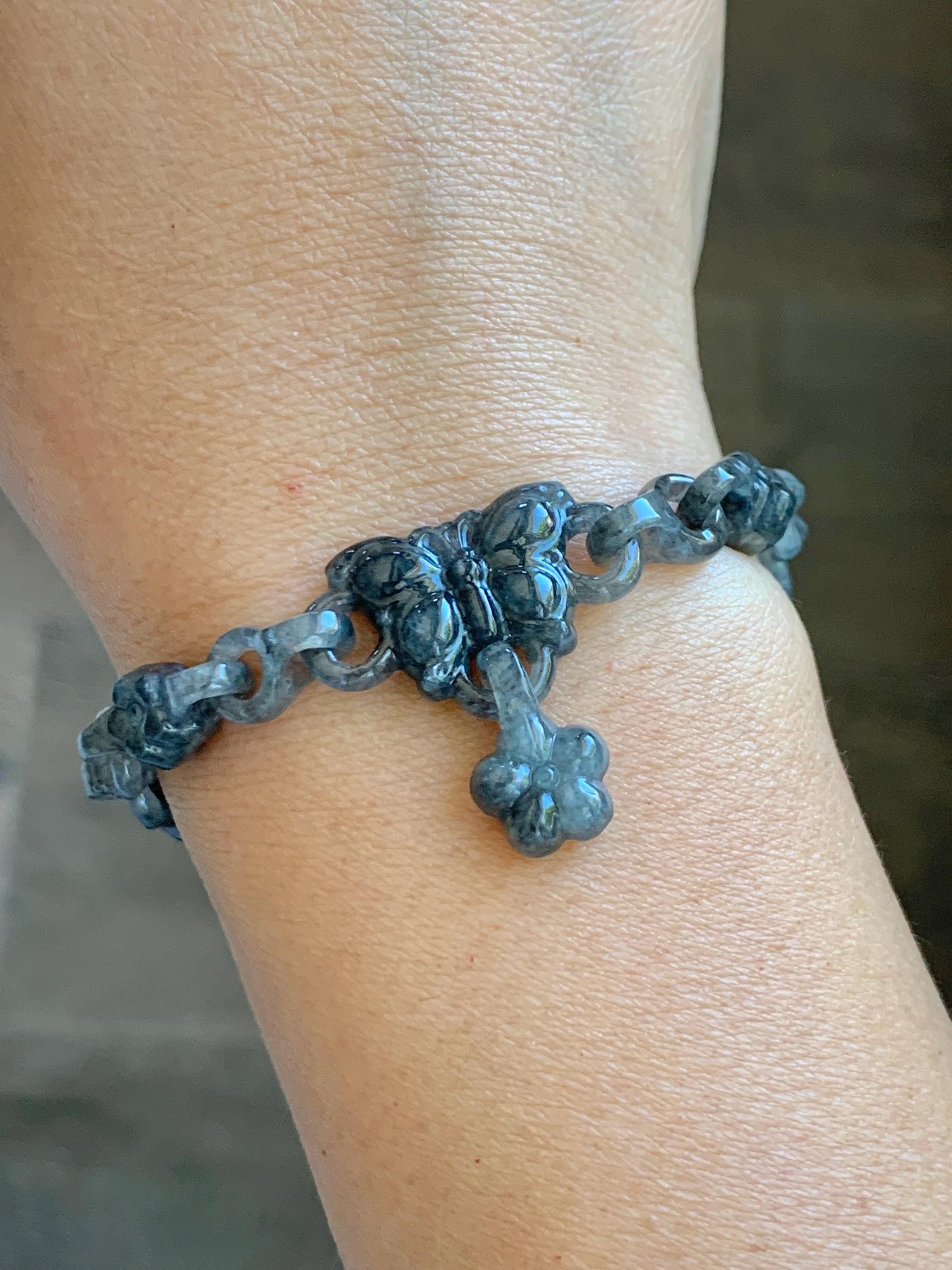 Certified Natural Grade A Icy Translucent Wuji Jade Jadeite Interlocking Link Chain Butterfly Bracelet Sterling Silver 6" 天然冰胶乌鸡翡翠链条手链 437
