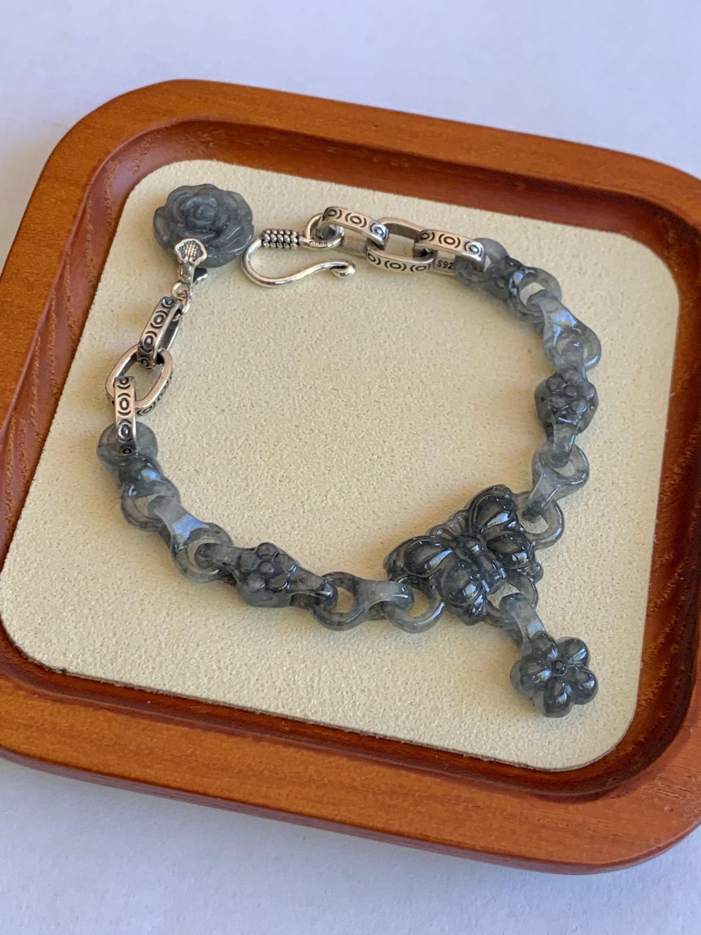 Certified Natural Grade A Icy Translucent Wuji Jade Jadeite Interlocking Link Chain Butterfly Bracelet Sterling Silver 6" 天然冰胶乌鸡翡翠链条手链 437