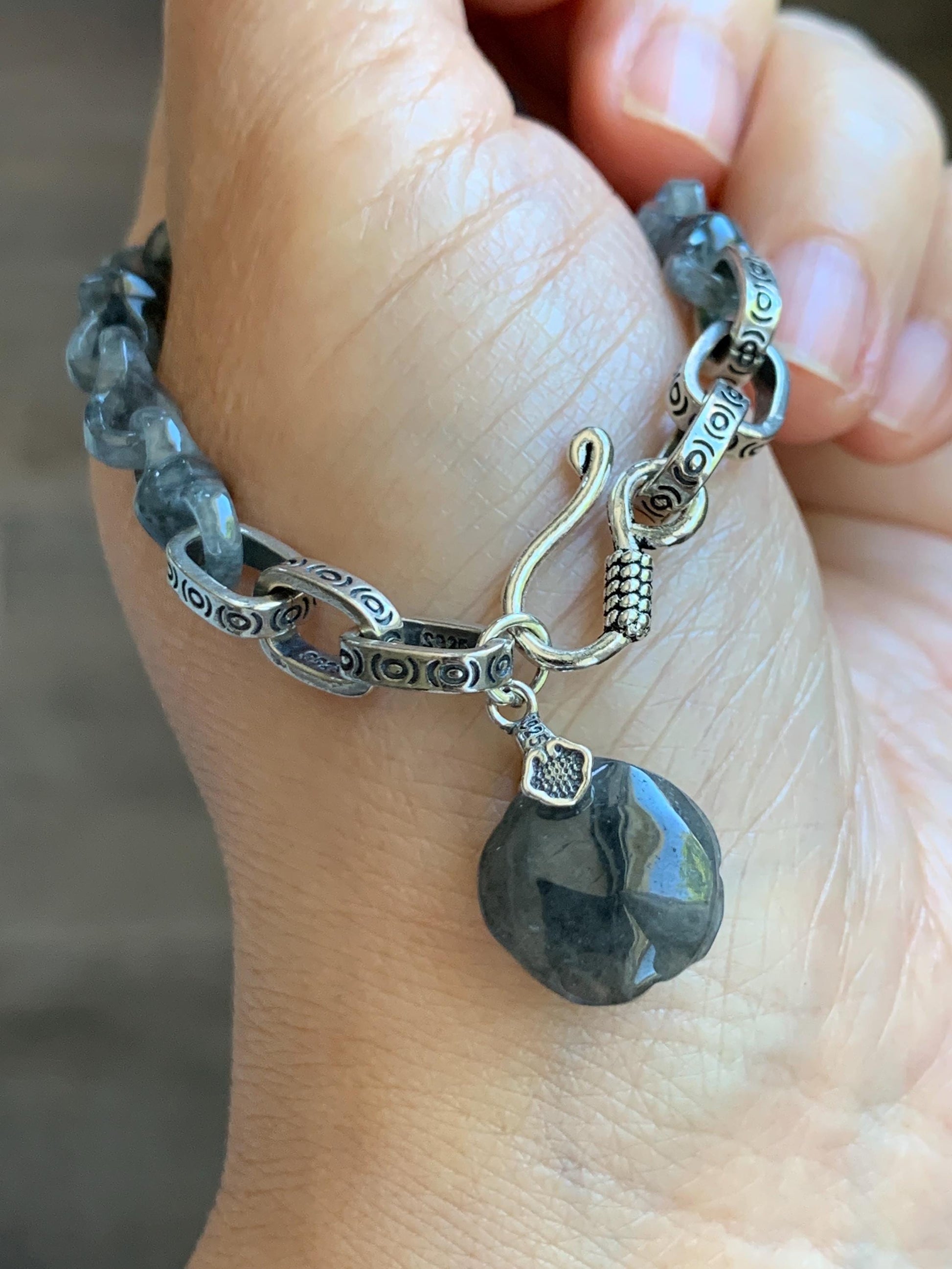 Certified Natural Grade A Icy Translucent Wuji Jade Jadeite Interlocking Link Chain Butterfly Bracelet Sterling Silver 6" 天然冰胶乌鸡翡翠链条手链 437
