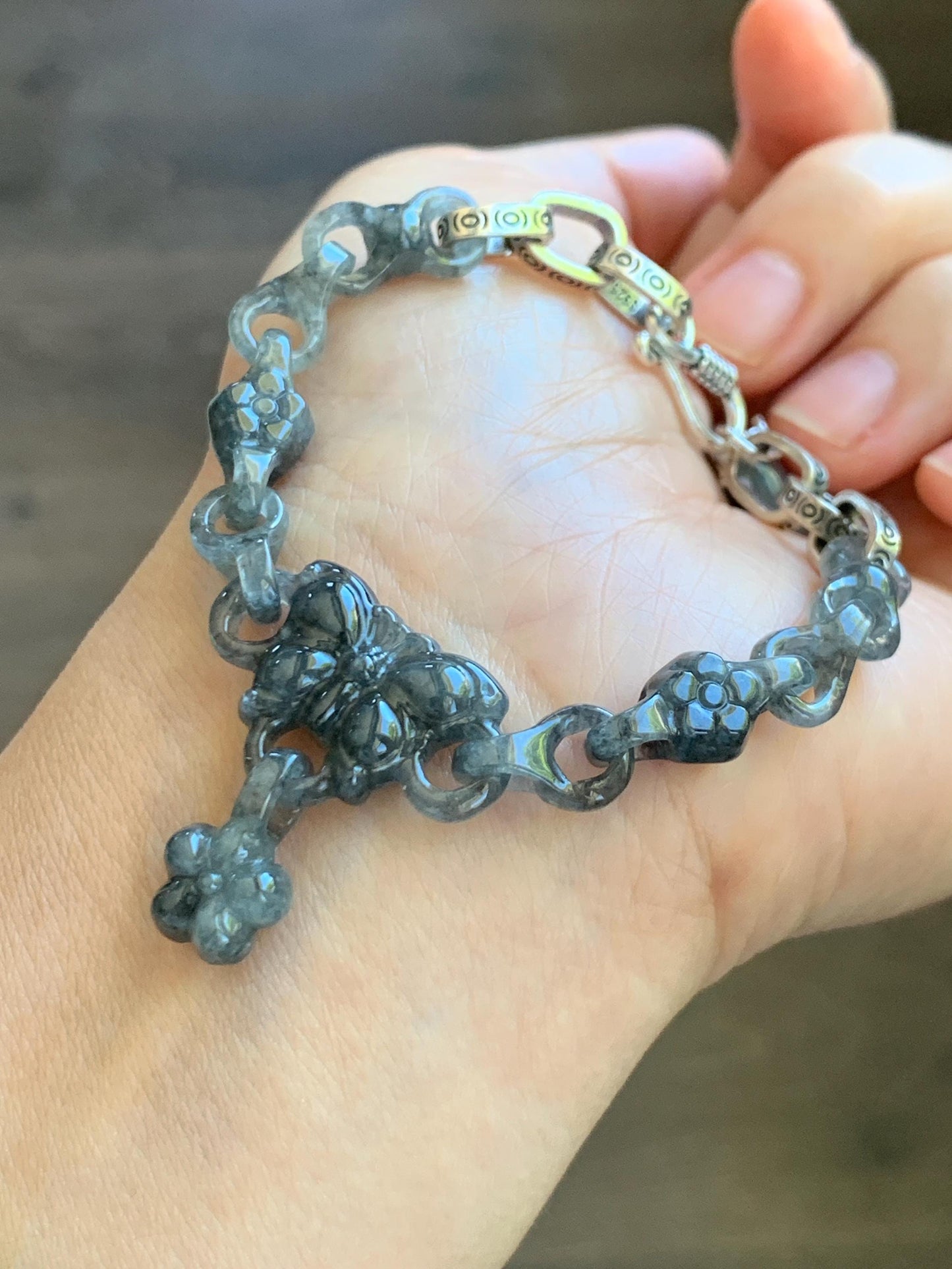 Certified Natural Grade A Icy Translucent Wuji Jade Jadeite Interlocking Link Chain Butterfly Bracelet Sterling Silver 6" 天然冰胶乌鸡翡翠链条手链 437