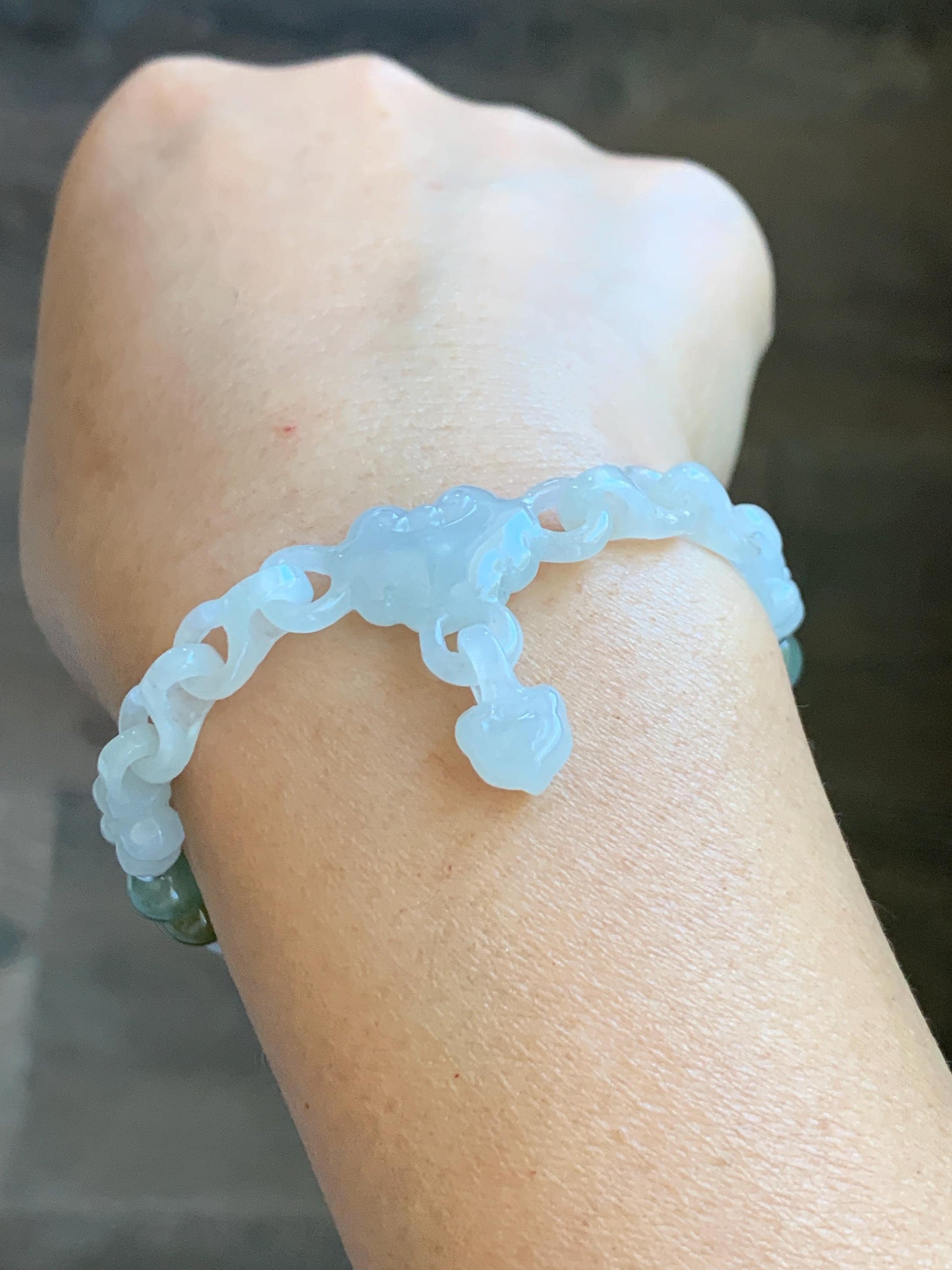 Certified Natural Grade A Icy Translucent White Jade Jadeite Interlocking Link Chain Ruyi Bracelet Sterling Silver 7" 天然白冰胶翡翠雕刻链条手链 438