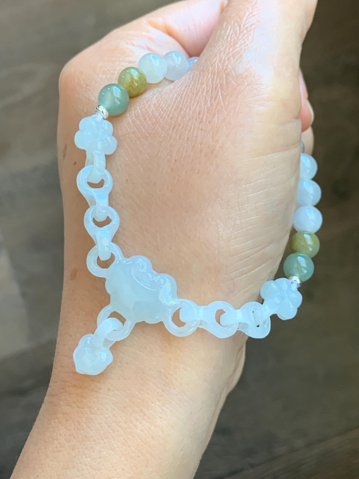 Certified Natural Grade A Icy Translucent White Jade Jadeite Interlocking Link Chain Ruyi Bracelet Sterling Silver 7" 天然白冰胶翡翠雕刻链条手链 438