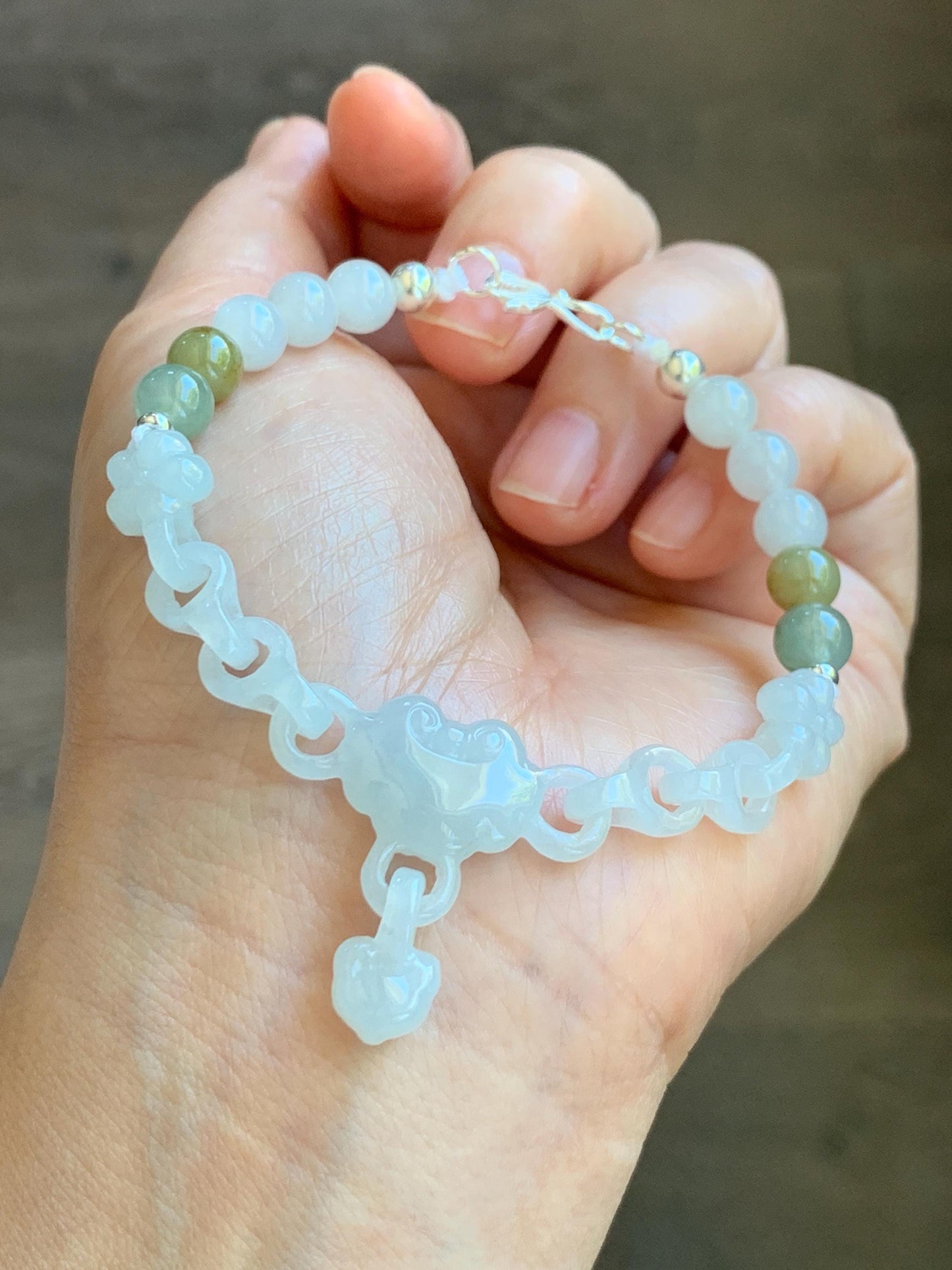 Certified Natural Grade A Icy Translucent White Jade Jadeite Interlocking Link Chain Ruyi Bracelet Sterling Silver 7" 天然白冰胶翡翠雕刻链条手链 438