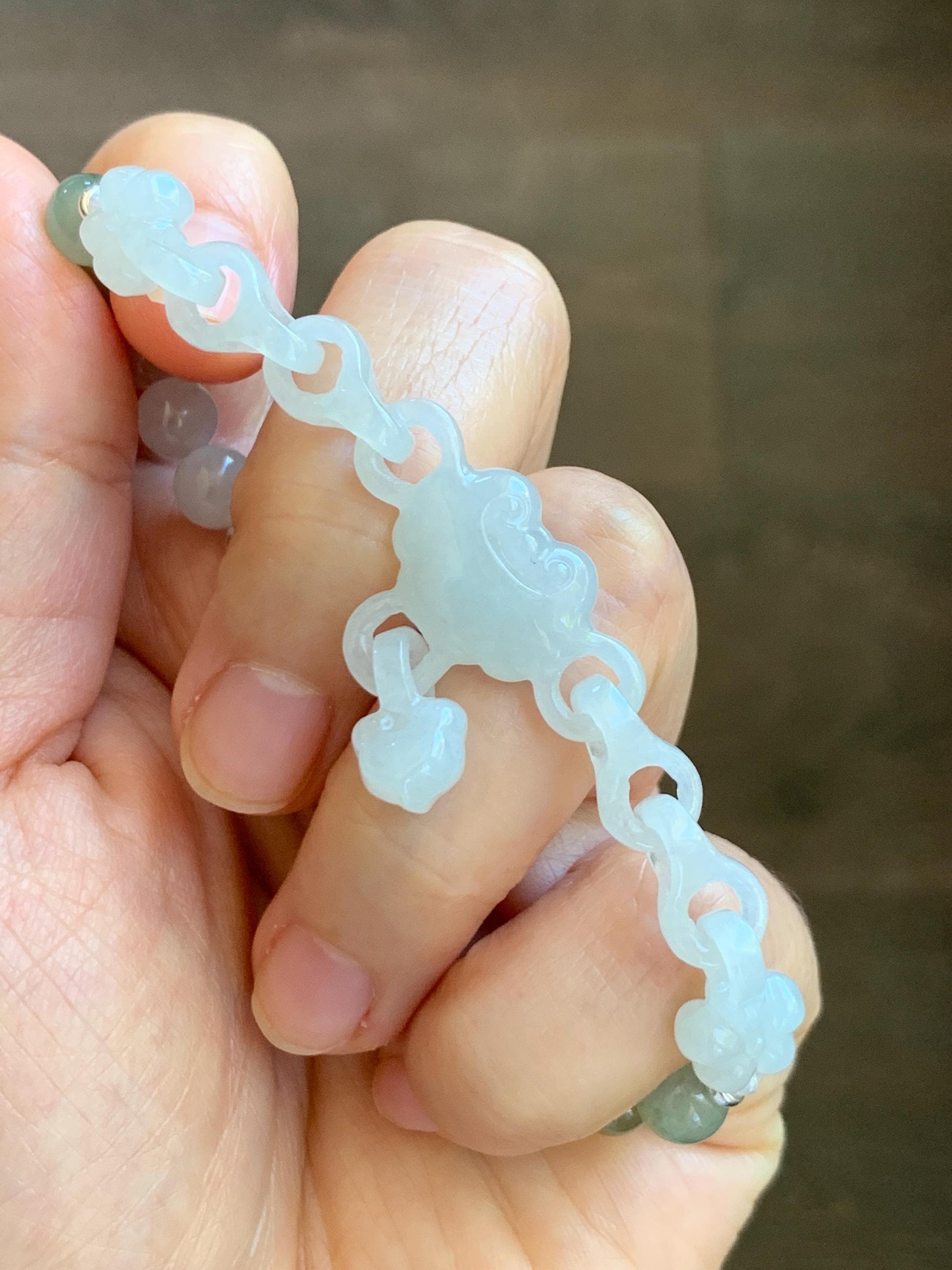 Certified Natural Grade A Icy Translucent White Jade Jadeite Interlocking Link Chain Ruyi Bracelet Sterling Silver 7" 天然白冰胶翡翠雕刻链条手链 438