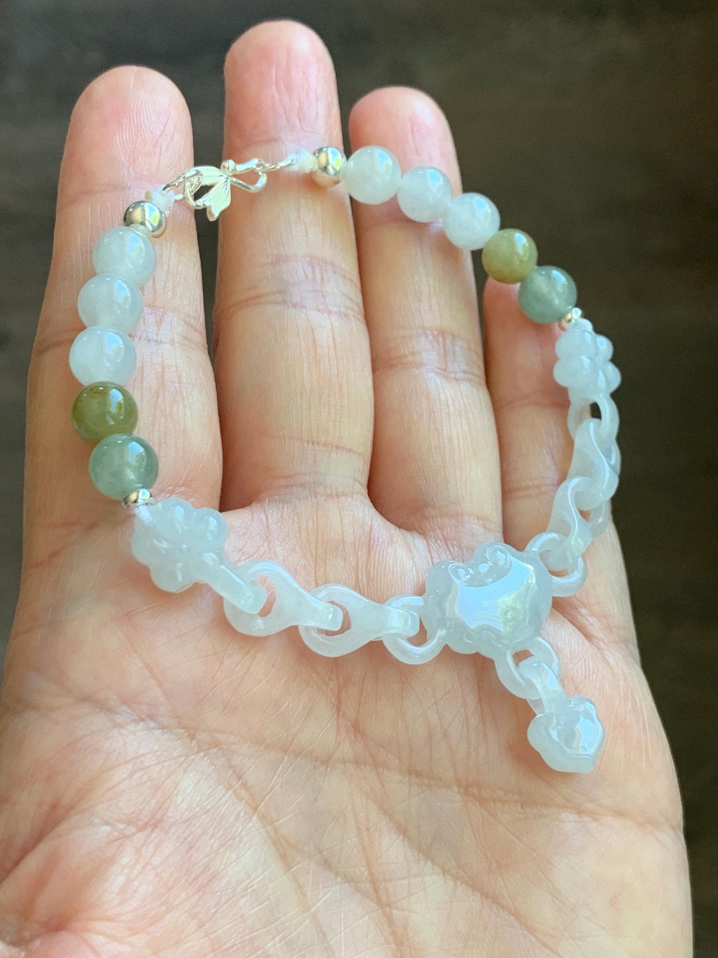 Certified Natural Grade A Icy Translucent White Jade Jadeite Interlocking Link Chain Ruyi Bracelet Sterling Silver 7" 天然白冰胶翡翠雕刻链条手链 438