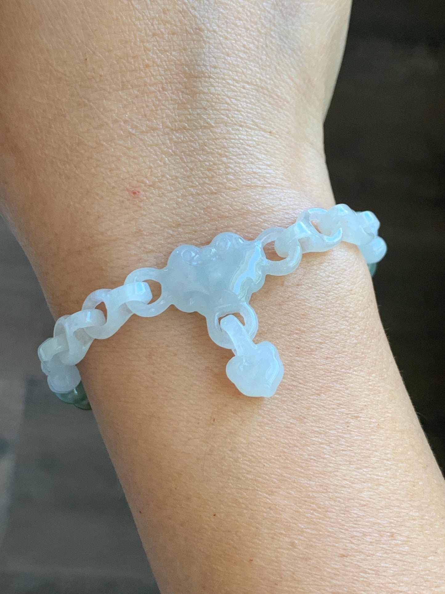 Certified Natural Grade A Icy Translucent White Jade Jadeite Interlocking Link Chain Ruyi Bracelet Sterling Silver 7" 天然白冰胶翡翠雕刻链条手链 438