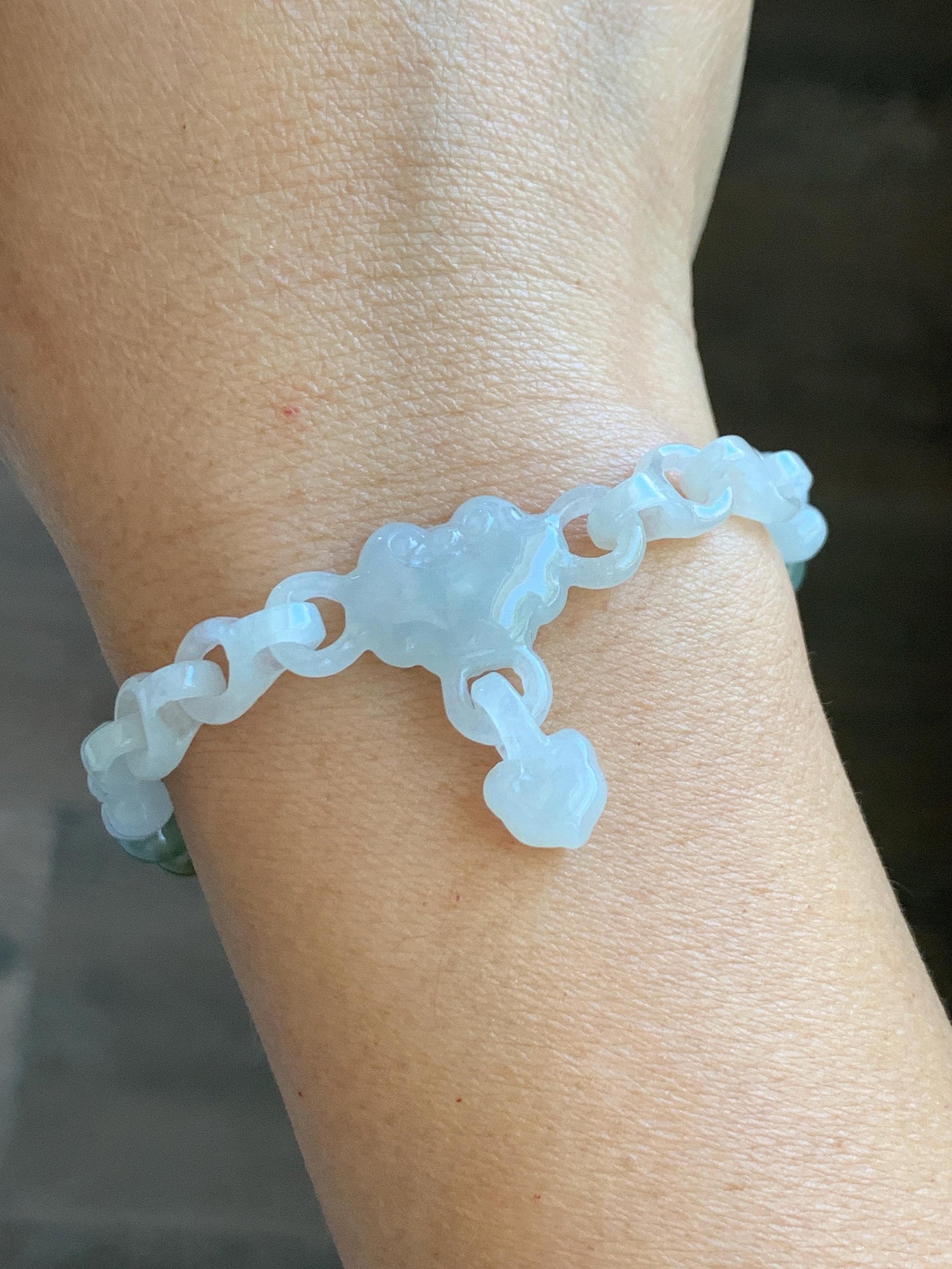 Certified Natural Grade A Icy Translucent White Jade Jadeite Interlocking Link Chain Ruyi Bracelet Sterling Silver 7" 天然白冰胶翡翠雕刻链条手链 438