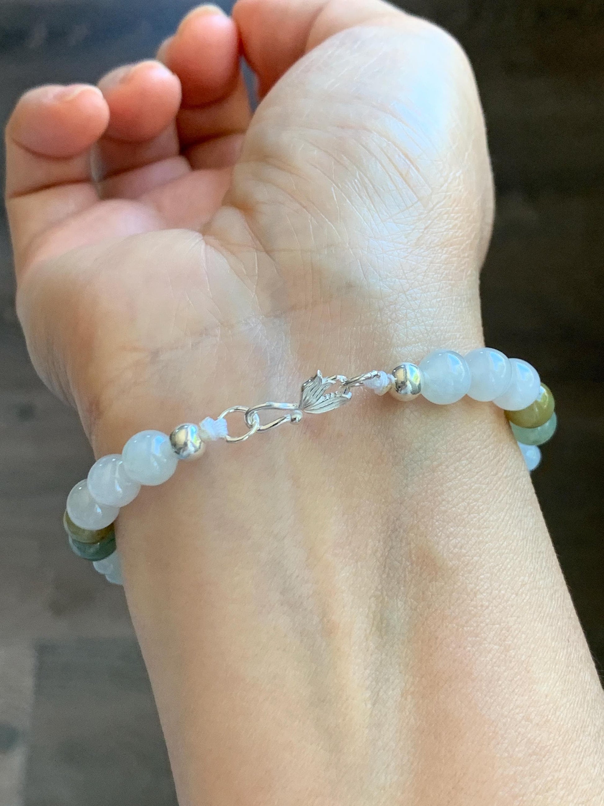 Certified Natural Grade A Icy Translucent White Jade Jadeite Interlocking Link Chain Ruyi Bracelet Sterling Silver 7" 天然白冰胶翡翠雕刻链条手链 438