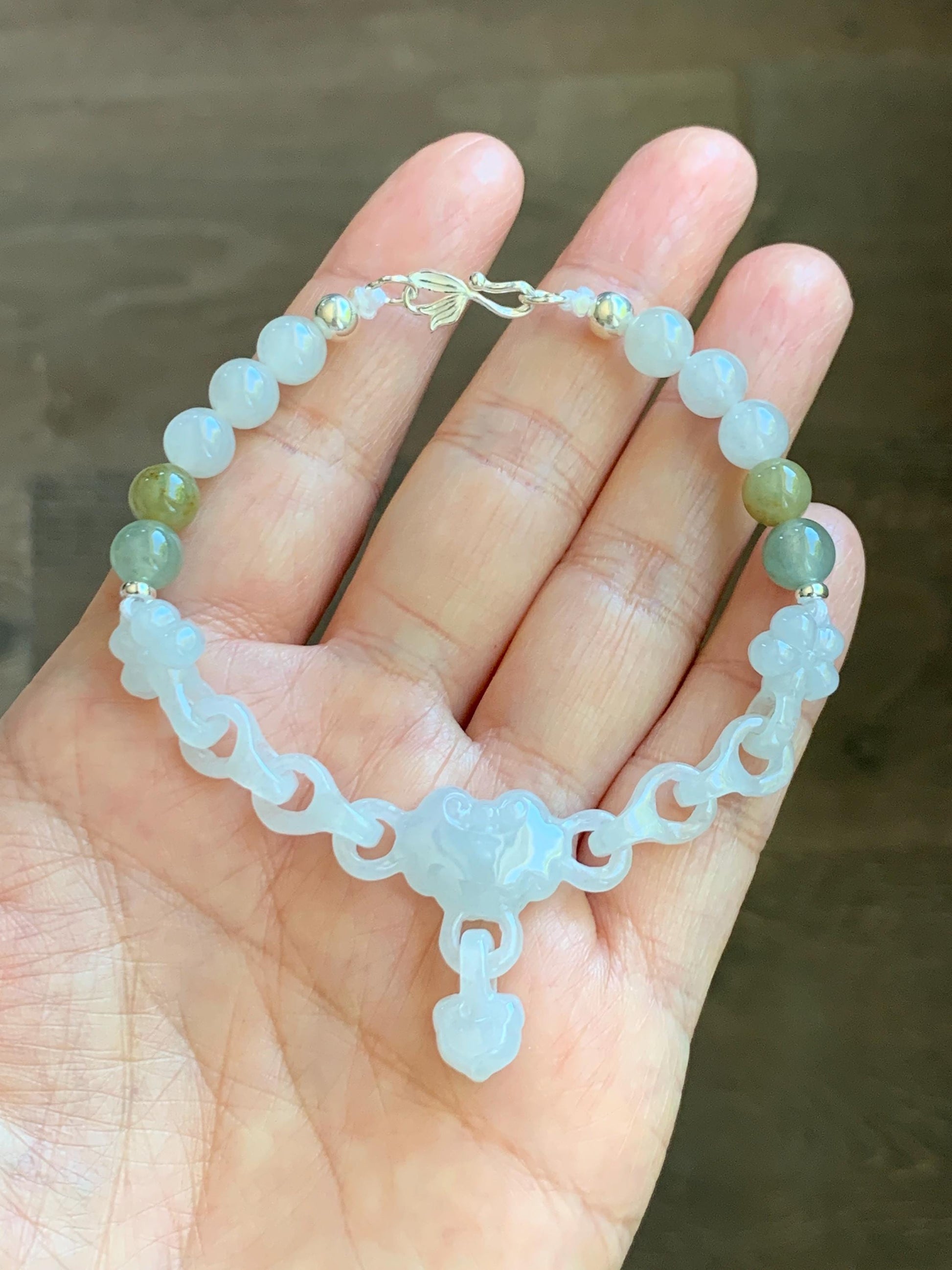 Certified Natural Grade A Icy Translucent White Jade Jadeite Interlocking Link Chain Ruyi Bracelet Sterling Silver 7" 天然白冰胶翡翠雕刻链条手链 438