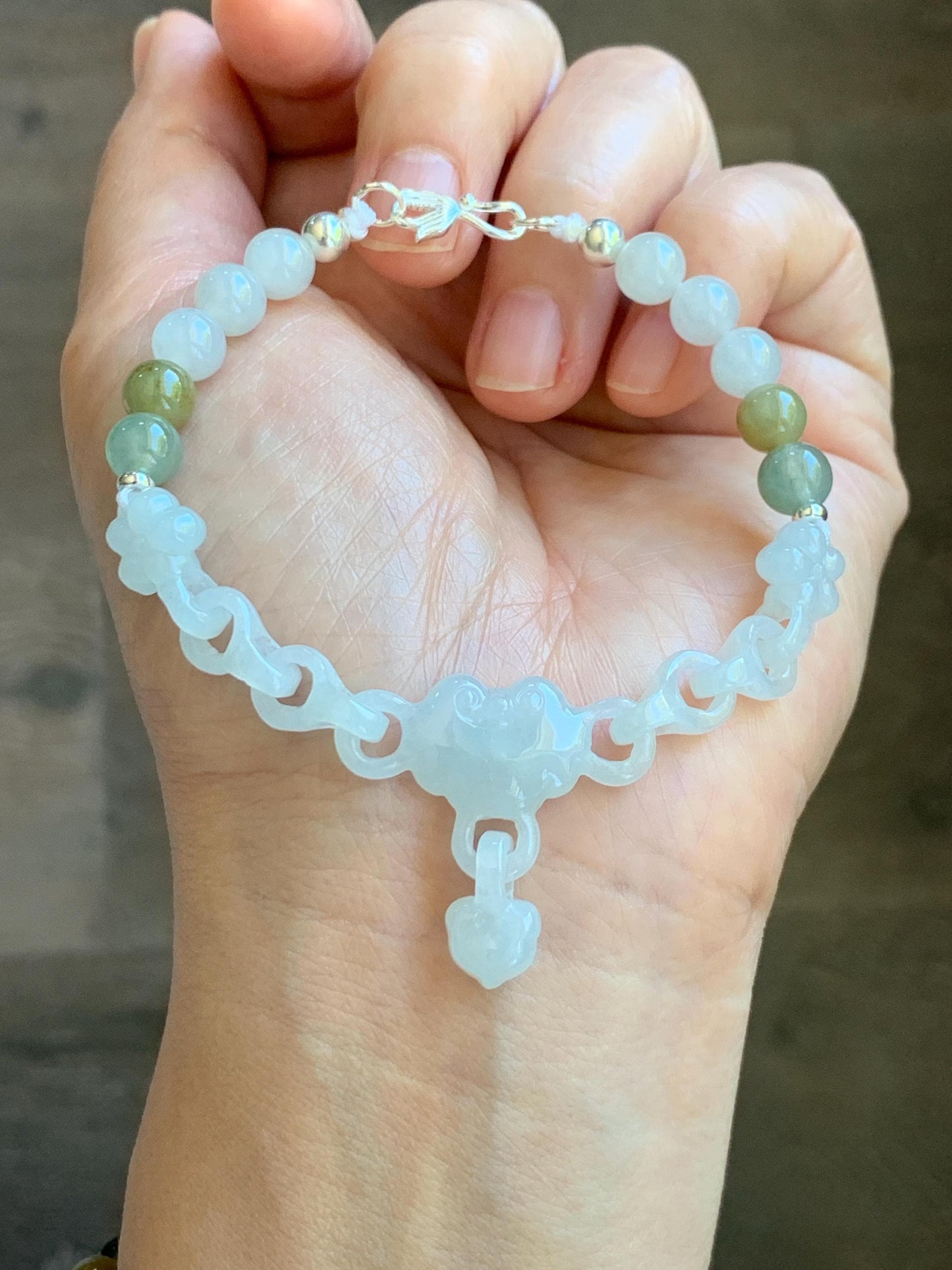 Certified Natural Grade A Icy Translucent White Jade Jadeite Interlocking Link Chain Ruyi Bracelet Sterling Silver 7" 天然白冰胶翡翠雕刻链条手链 438