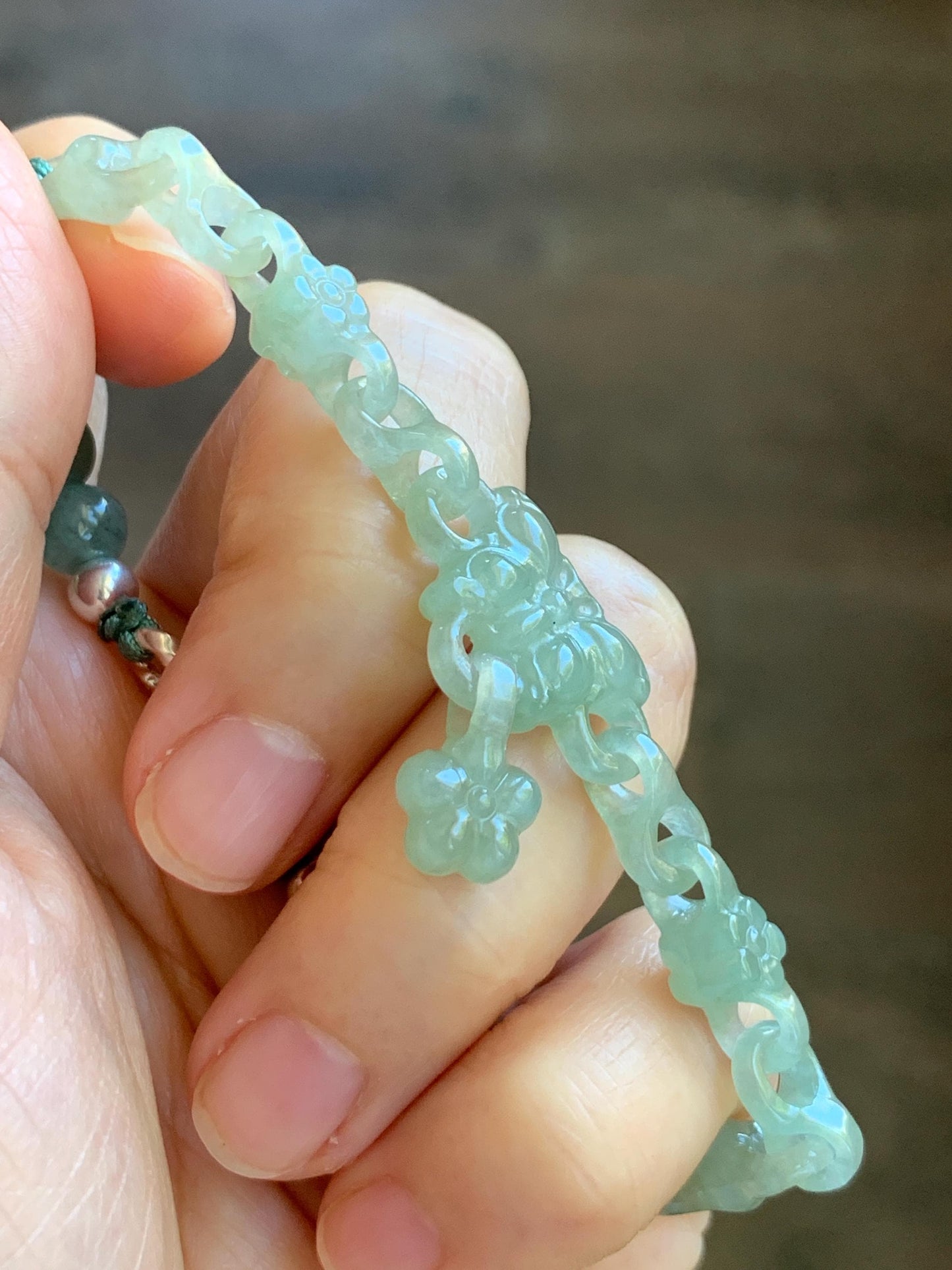 Certified Natural Grade A Icy Light Green Jade Jadeite Interlocking Link Chain Butterfly Bracelet Sterling Silver 7" 天然冰胶晴绿翡翠雕刻蝴蝶链条手链 439