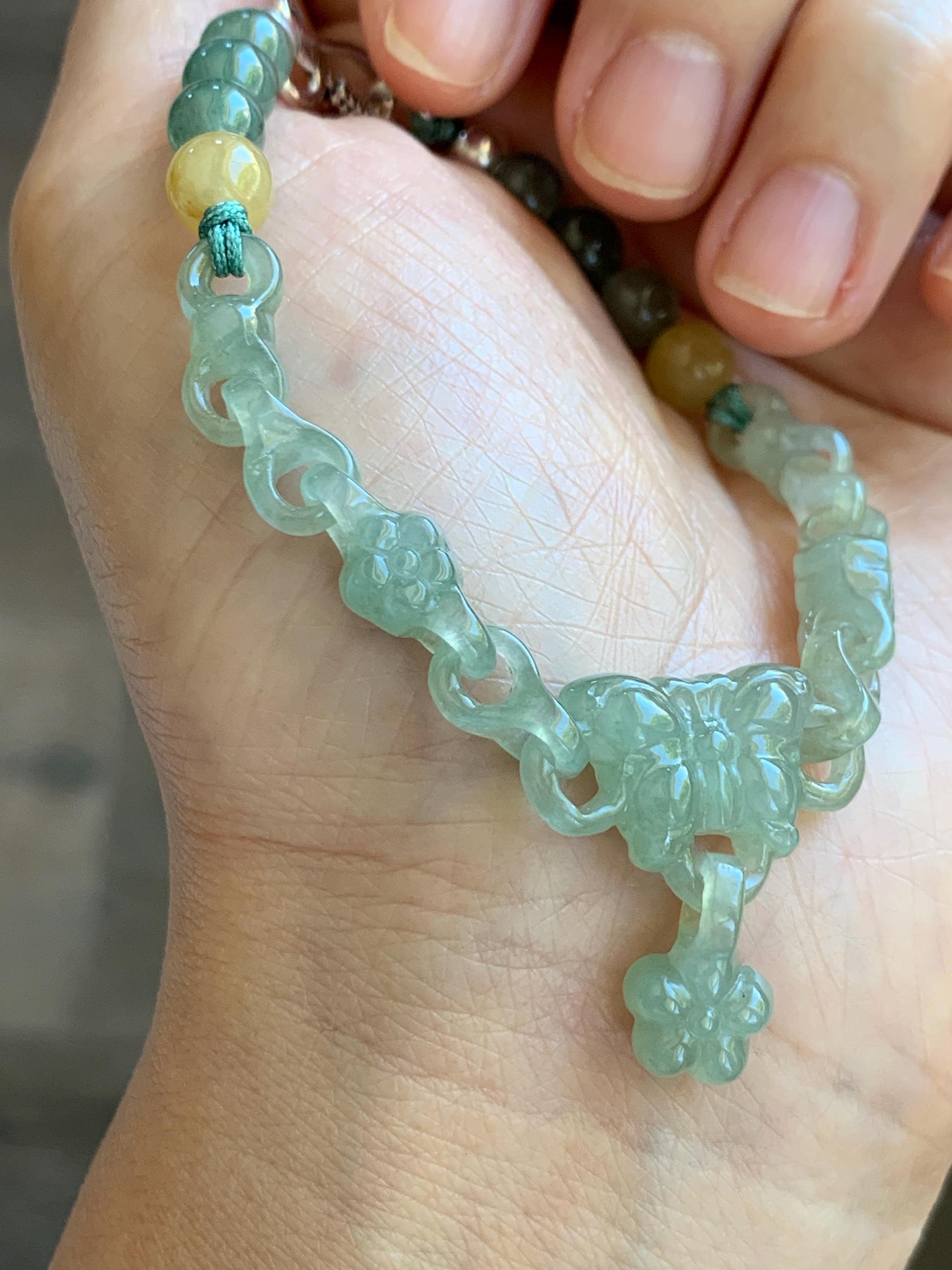 Certified Natural Grade A Icy Light Green Jade Jadeite Interlocking Link Chain Butterfly Bracelet Sterling Silver 7" 天然冰胶晴绿翡翠雕刻蝴蝶链条手链 439