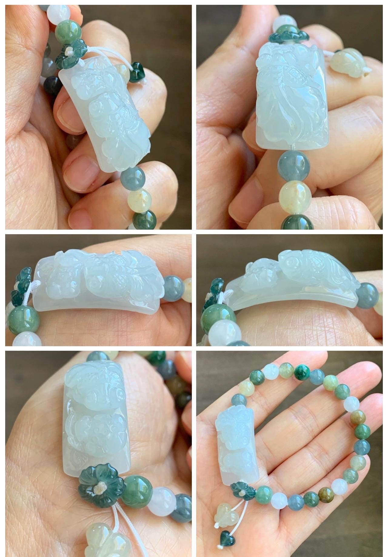 Natural Grade A Icy Translucent White Jade Jadeite Goldfish Lotus Cuff & Multicolored Beads Bracelet 6.75” 23g 天然白冰胶翡翠莲花鱼手牌多宝珠手串 MYP370