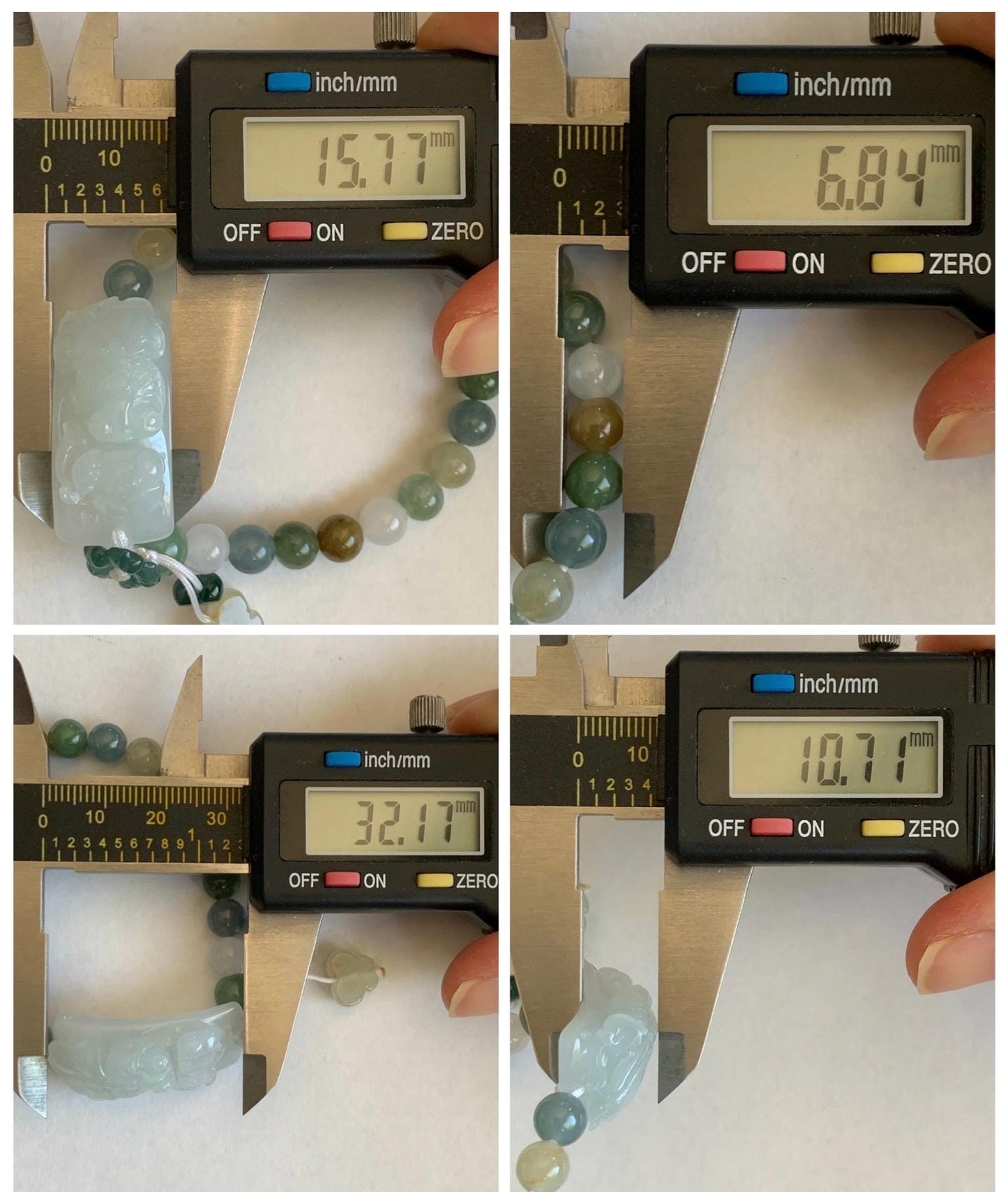 Natural Grade A Icy Translucent White Jade Jadeite Goldfish Lotus Cuff & Multicolored Beads Bracelet 6.75” 23g 天然白冰胶翡翠莲花鱼手牌多宝珠手串 MYP370