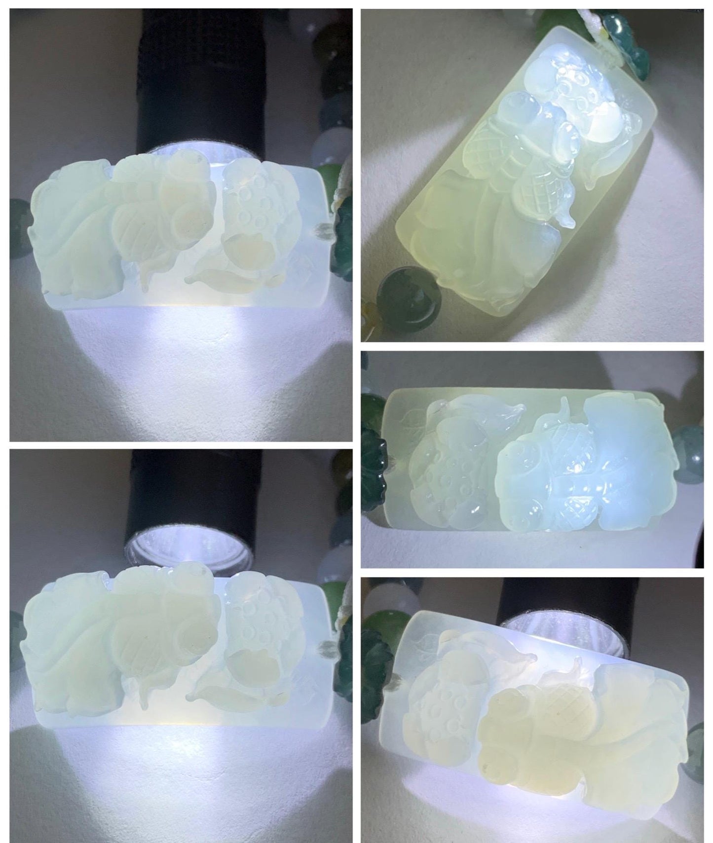 Natural Grade A Icy Translucent White Jade Jadeite Goldfish Lotus Cuff & Multicolored Beads Bracelet 6.75” 23g 天然白冰胶翡翠莲花鱼手牌多宝珠手串 MYP370