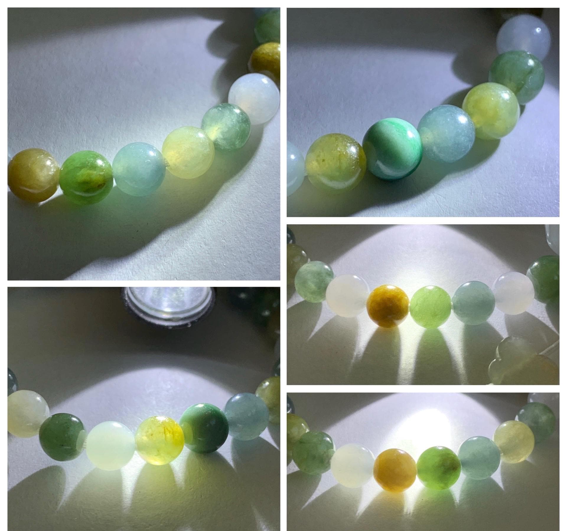 Natural Grade A Icy Translucent White Jade Jadeite Goldfish Lotus Cuff & Multicolored Beads Bracelet 6.75” 23g 天然白冰胶翡翠莲花鱼手牌多宝珠手串 MYP370