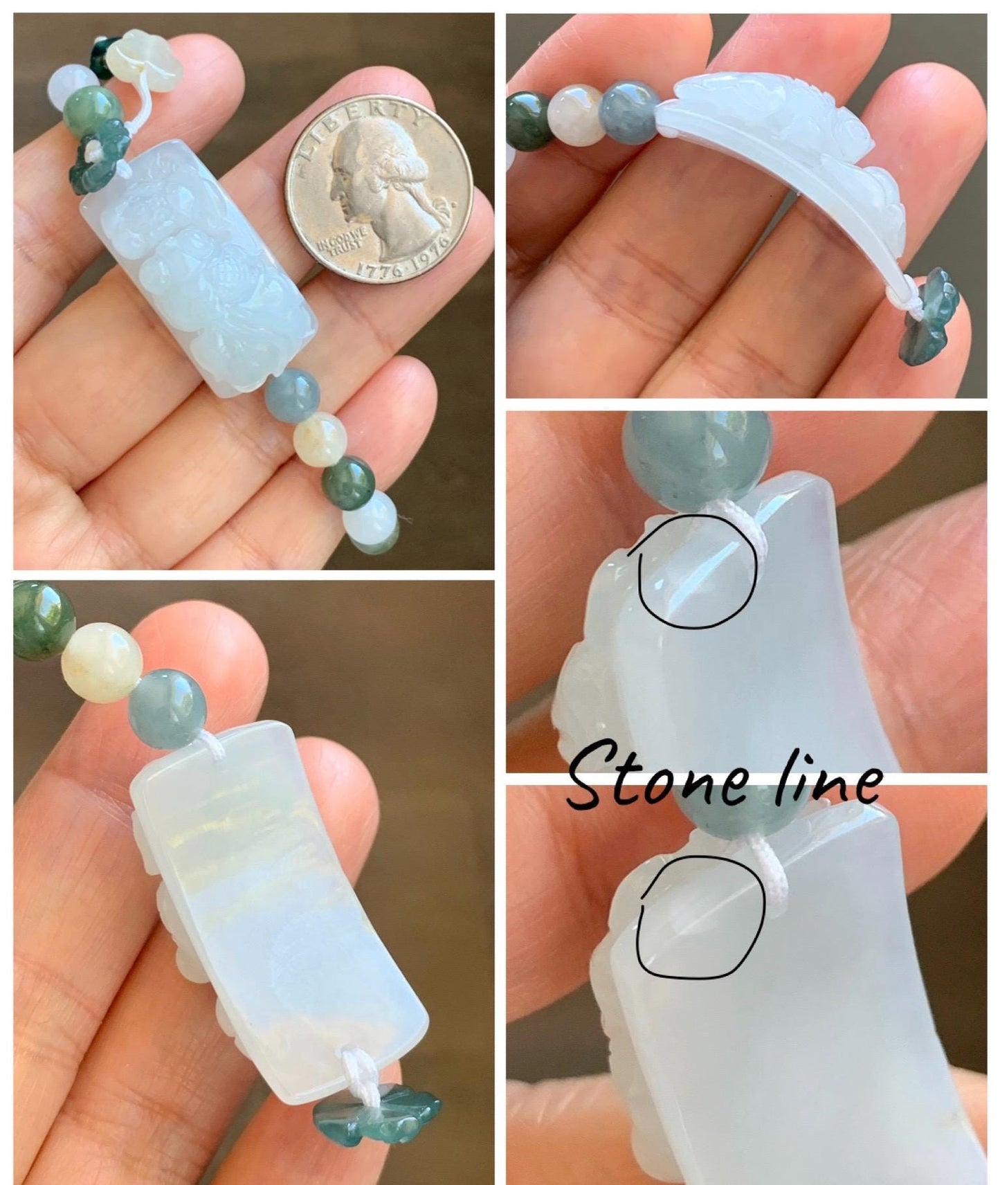 Natural Grade A Icy Translucent White Jade Jadeite Goldfish Lotus Cuff & Multicolored Beads Bracelet 6.75” 23g 天然白冰胶翡翠莲花鱼手牌多宝珠手串 MYP370