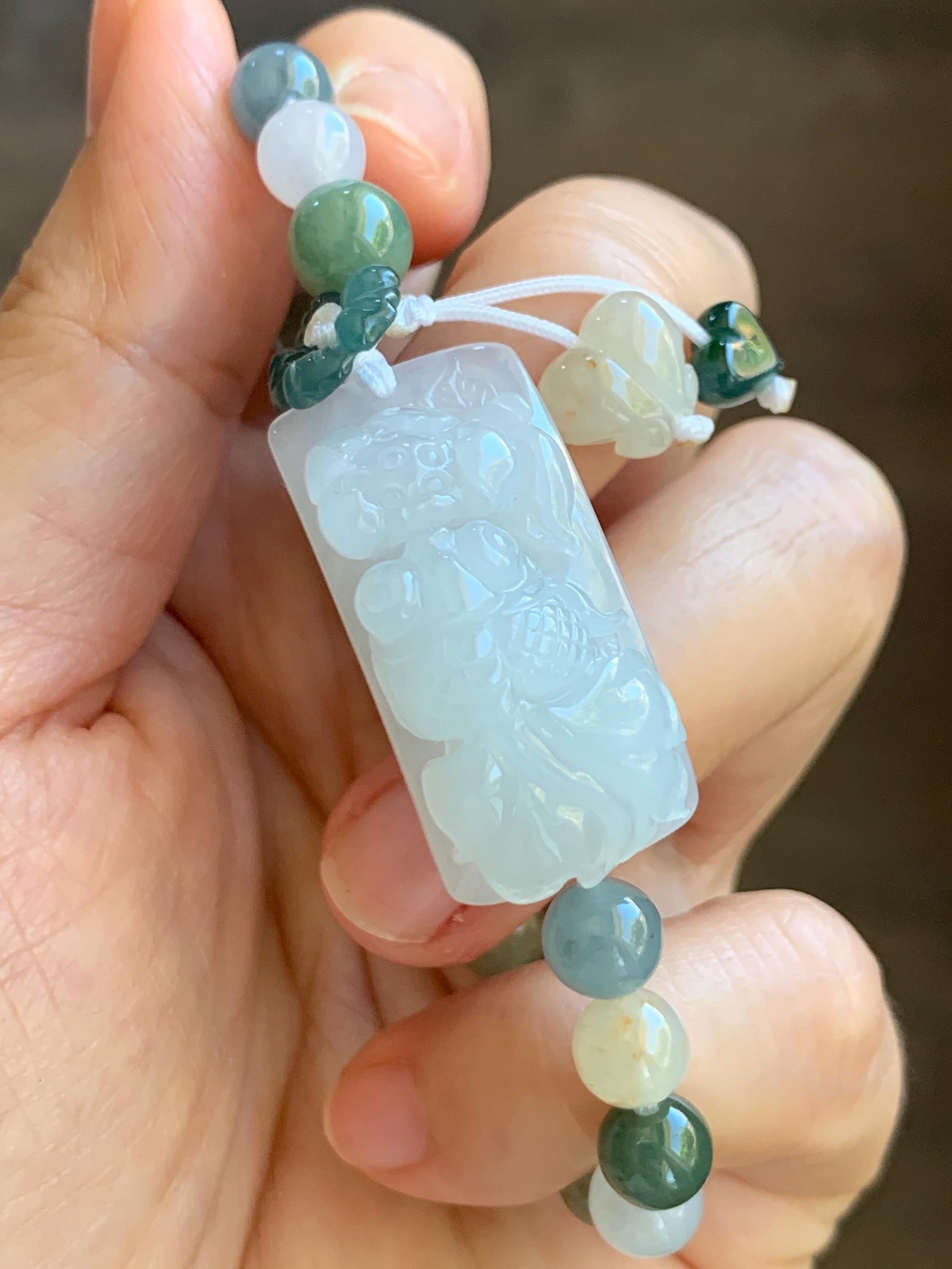 Natural Grade A Icy Translucent White Jade Jadeite Goldfish Lotus Cuff & Multicolored Beads Bracelet 6.75” 23g 天然白冰胶翡翠莲花鱼手牌多宝珠手串 MYP370