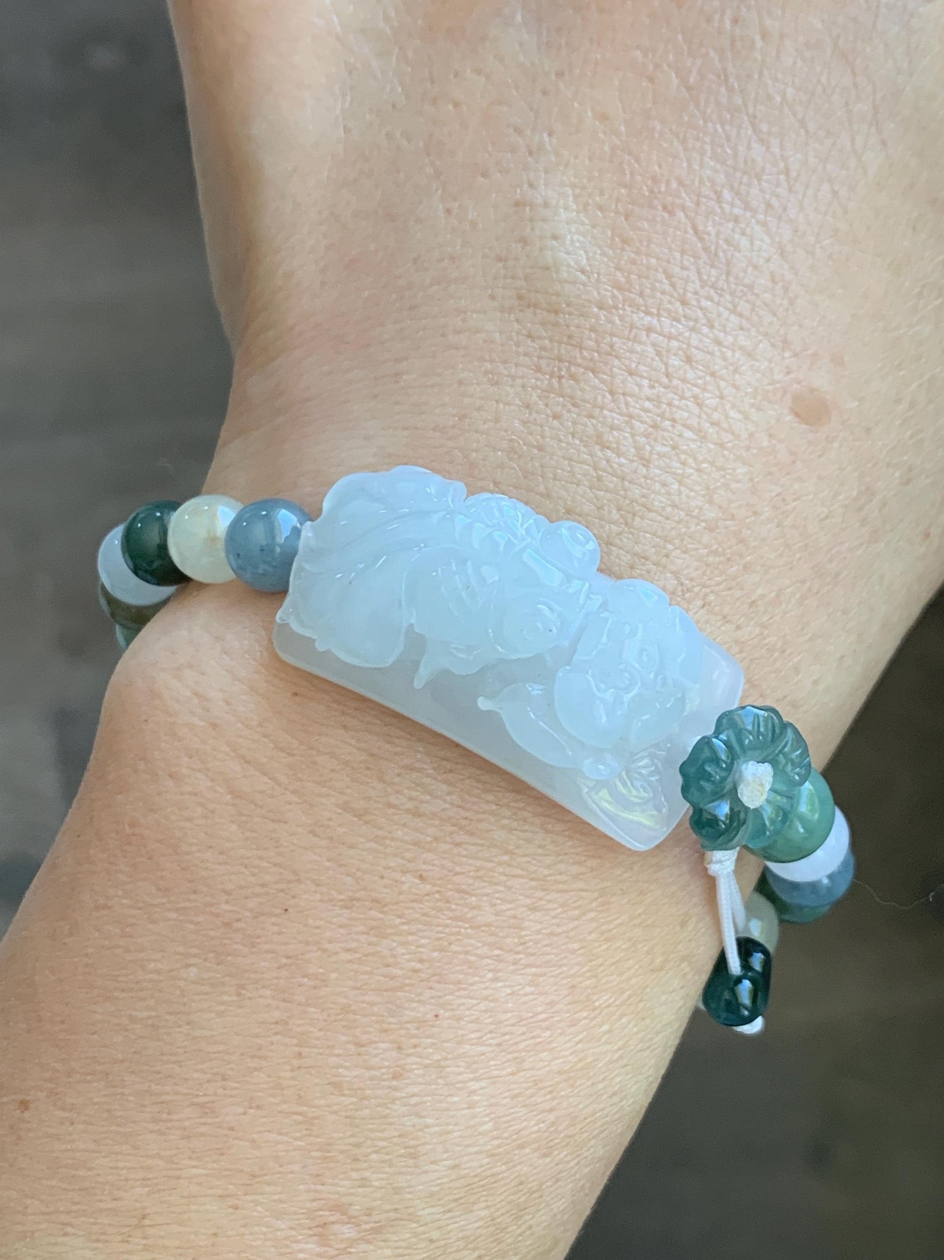 Natural Grade A Icy Translucent White Jade Jadeite Goldfish Lotus Cuff & Multicolored Beads Bracelet 6.75” 23g 天然白冰胶翡翠莲花鱼手牌多宝珠手串 MYP370