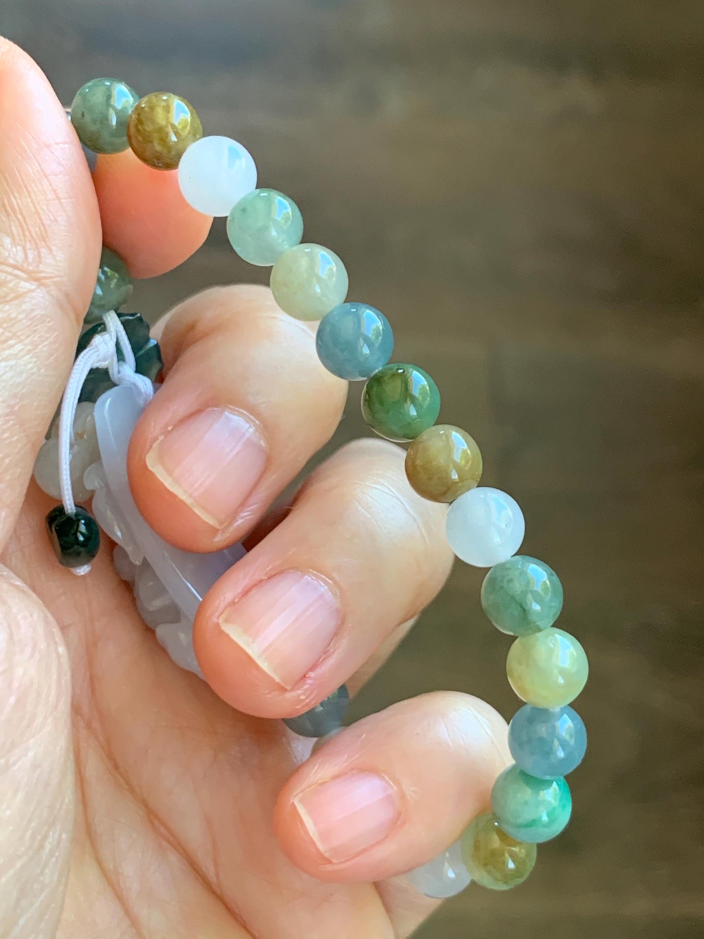 Natural Grade A Icy Translucent White Jade Jadeite Goldfish Lotus Cuff & Multicolored Beads Bracelet 6.75” 23g 天然白冰胶翡翠莲花鱼手牌多宝珠手串 MYP370