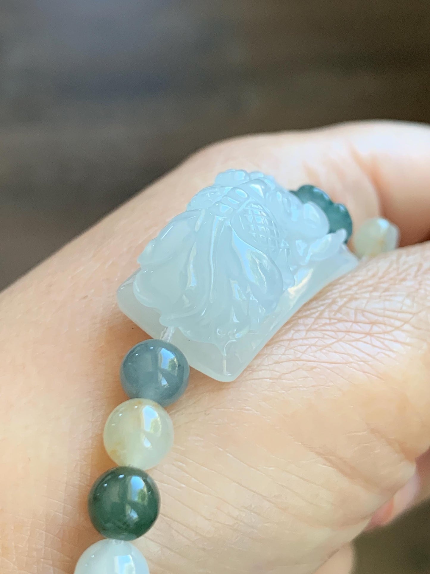 Natural Grade A Icy Translucent White Jade Jadeite Goldfish Lotus Cuff & Multicolored Beads Bracelet 6.75” 23g 天然白冰胶翡翠莲花鱼手牌多宝珠手串 MYP370