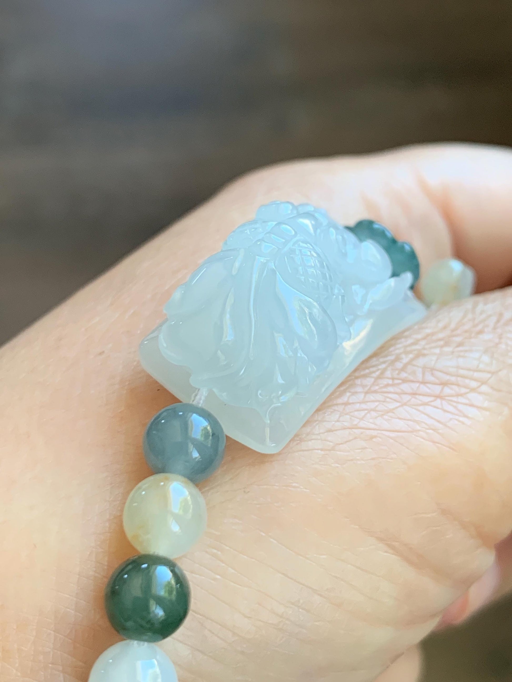 Natural Grade A Icy Translucent White Jade Jadeite Goldfish Lotus Cuff & Multicolored Beads Bracelet 6.75” 23g 天然白冰胶翡翠莲花鱼手牌多宝珠手串 MYP370