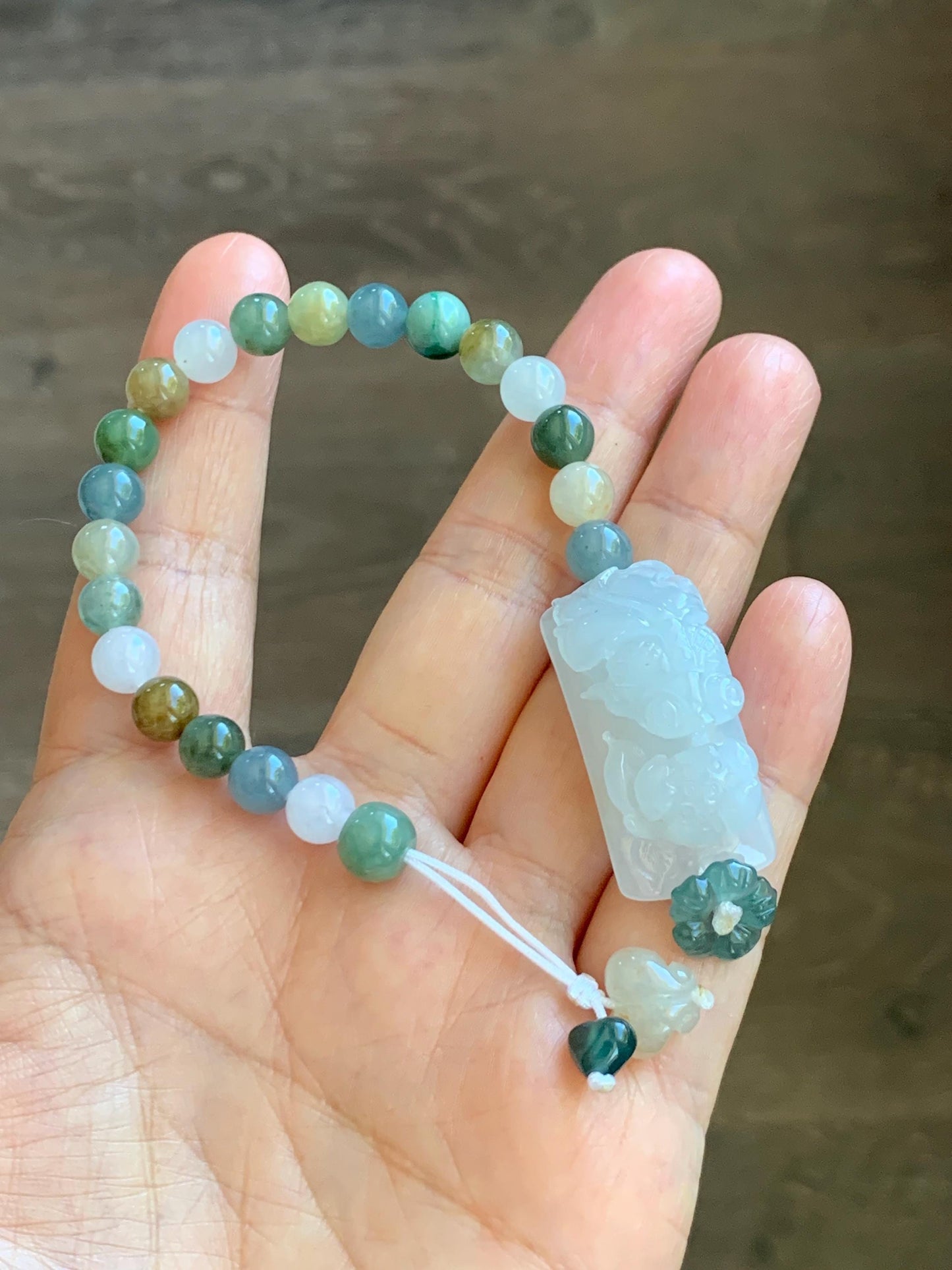 Natural Grade A Icy Translucent White Jade Jadeite Goldfish Lotus Cuff & Multicolored Beads Bracelet 6.75” 23g 天然白冰胶翡翠莲花鱼手牌多宝珠手串 MYP370