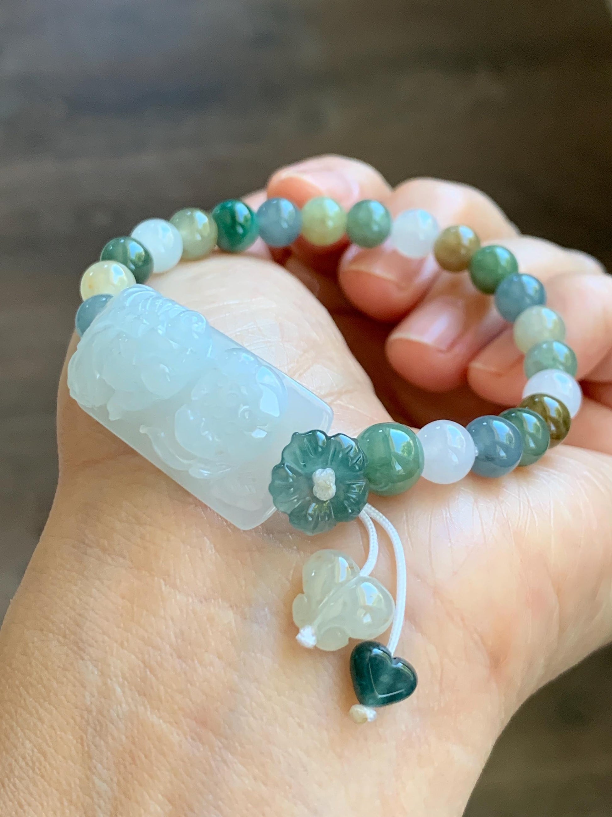 Natural Grade A Icy Translucent White Jade Jadeite Goldfish Lotus Cuff & Multicolored Beads Bracelet 6.75” 23g 天然白冰胶翡翠莲花鱼手牌多宝珠手串 MYP370