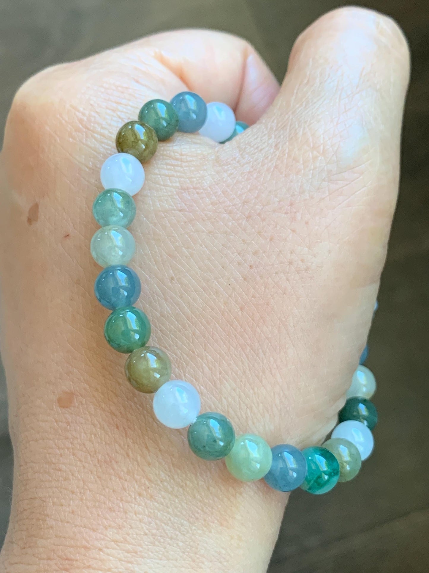 Natural Grade A Icy Translucent White Jade Jadeite Goldfish Lotus Cuff & Multicolored Beads Bracelet 6.75” 23g 天然白冰胶翡翠莲花鱼手牌多宝珠手串 MYP370