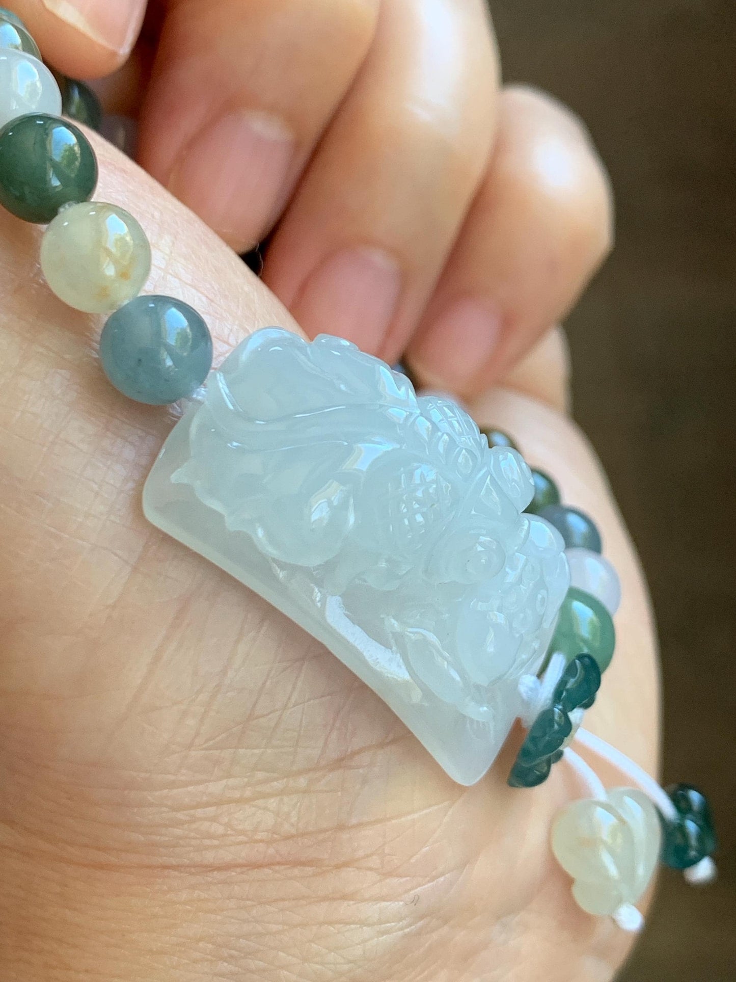 Natural Grade A Icy Translucent White Jade Jadeite Goldfish Lotus Cuff & Multicolored Beads Bracelet 6.75” 23g 天然白冰胶翡翠莲花鱼手牌多宝珠手串 MYP370