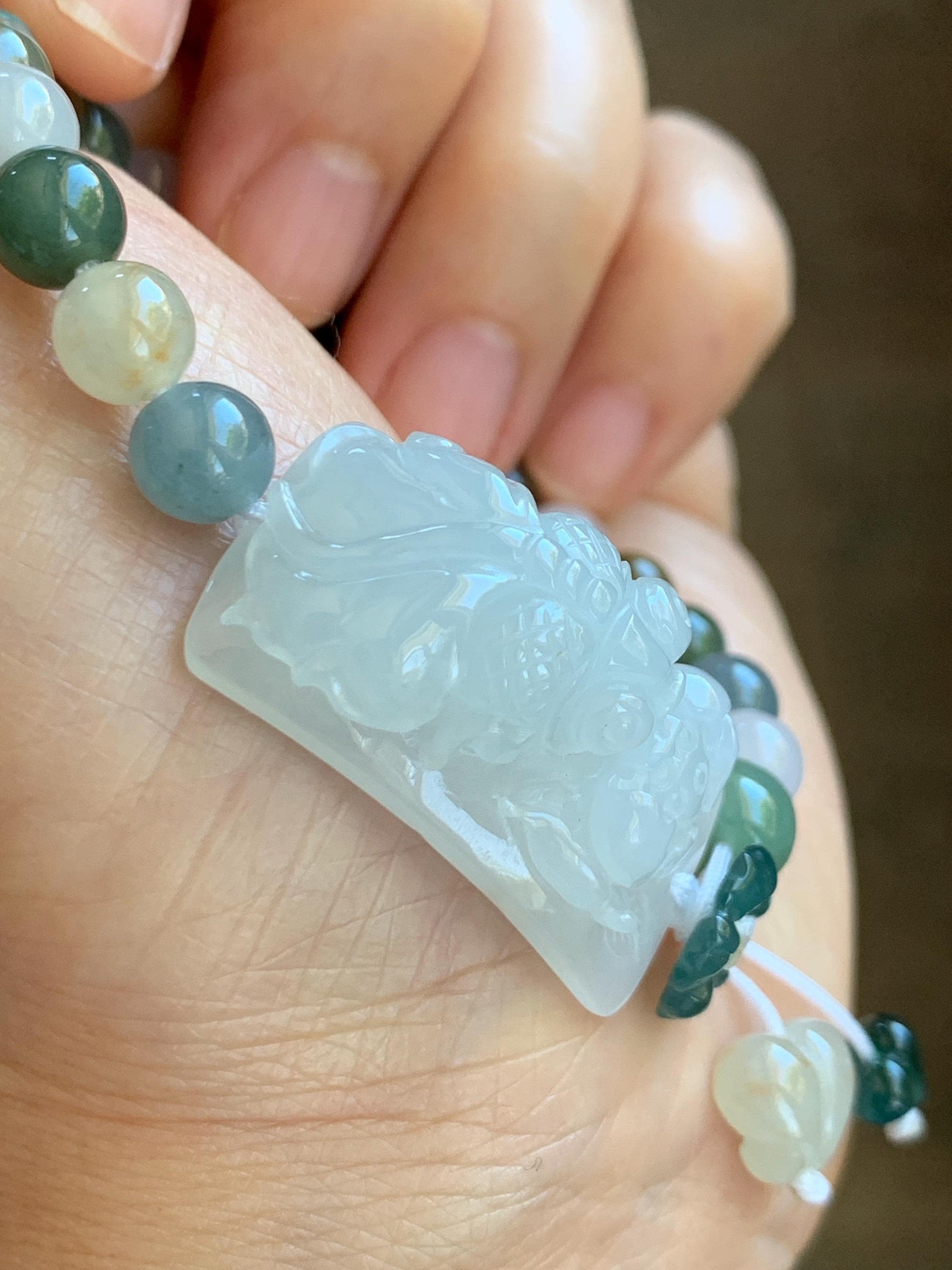 Natural Grade A Icy Translucent White Jade Jadeite Goldfish Lotus Cuff & Multicolored Beads Bracelet 6.75” 23g 天然白冰胶翡翠莲花鱼手牌多宝珠手串 MYP370