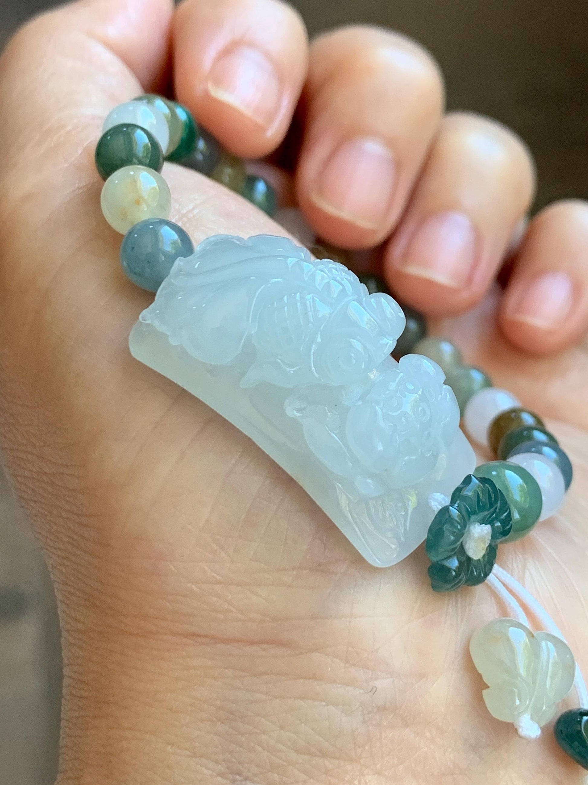 Natural Grade A Icy Translucent White Jade Jadeite Goldfish Lotus Cuff & Multicolored Beads Bracelet 6.75” 23g 天然白冰胶翡翠莲花鱼手牌多宝珠手串 MYP370