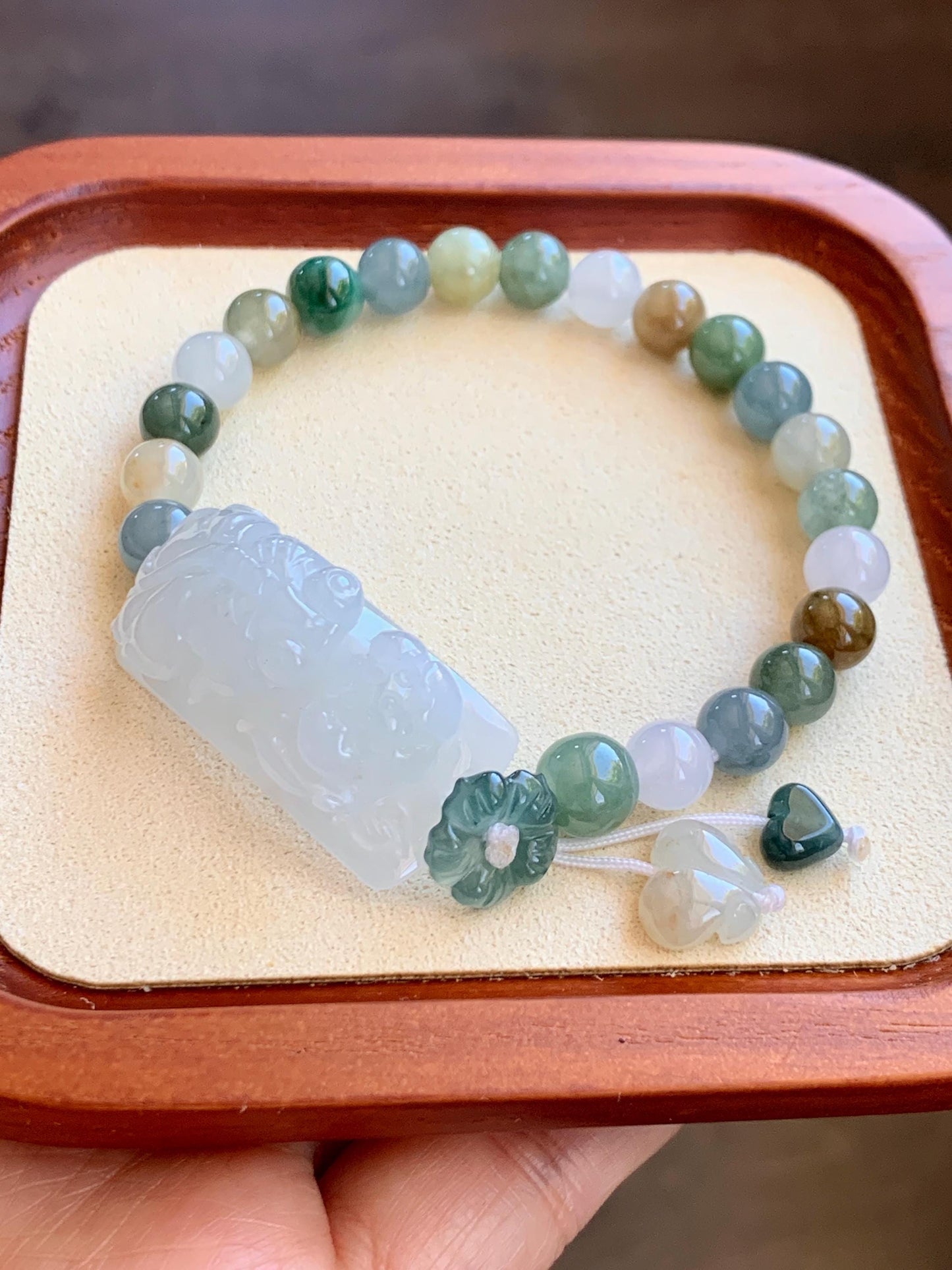 Natural Grade A Icy Translucent White Jade Jadeite Goldfish Lotus Cuff & Multicolored Beads Bracelet 6.75” 23g 天然白冰胶翡翠莲花鱼手牌多宝珠手串 MYP370